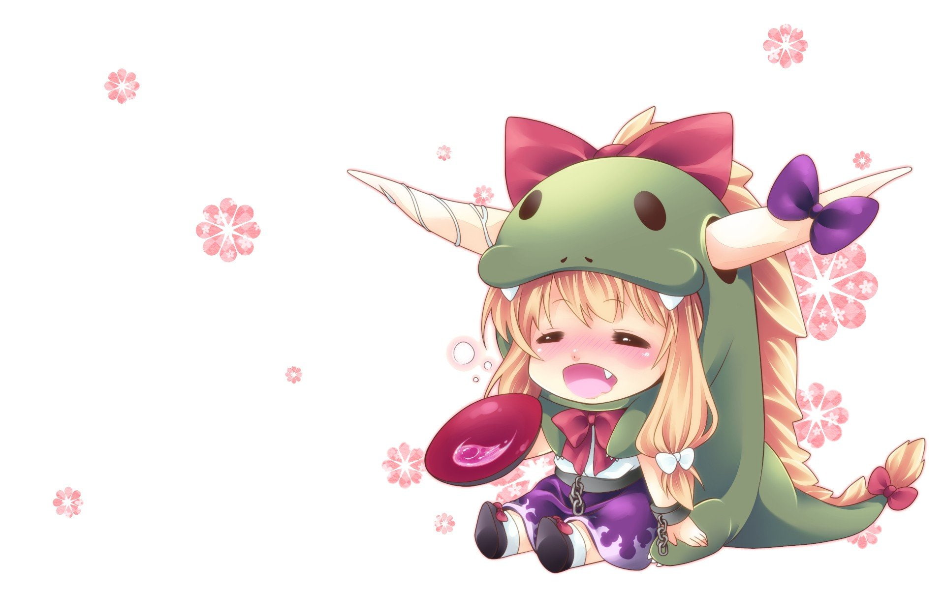 ibuki, ribbons, touhou, suika, chibi, hair, blondes, white, long, horns, 1080P, drunk, blush, HD Wallpaper