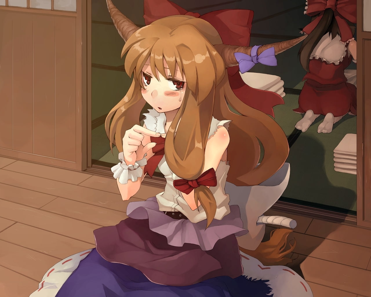 mask - disguise, one person, girl, front view, indoors, hakurei reimu, mirror, home interior, leisure activity, horn, costume, jack o lantern, character, HD Wallpaper