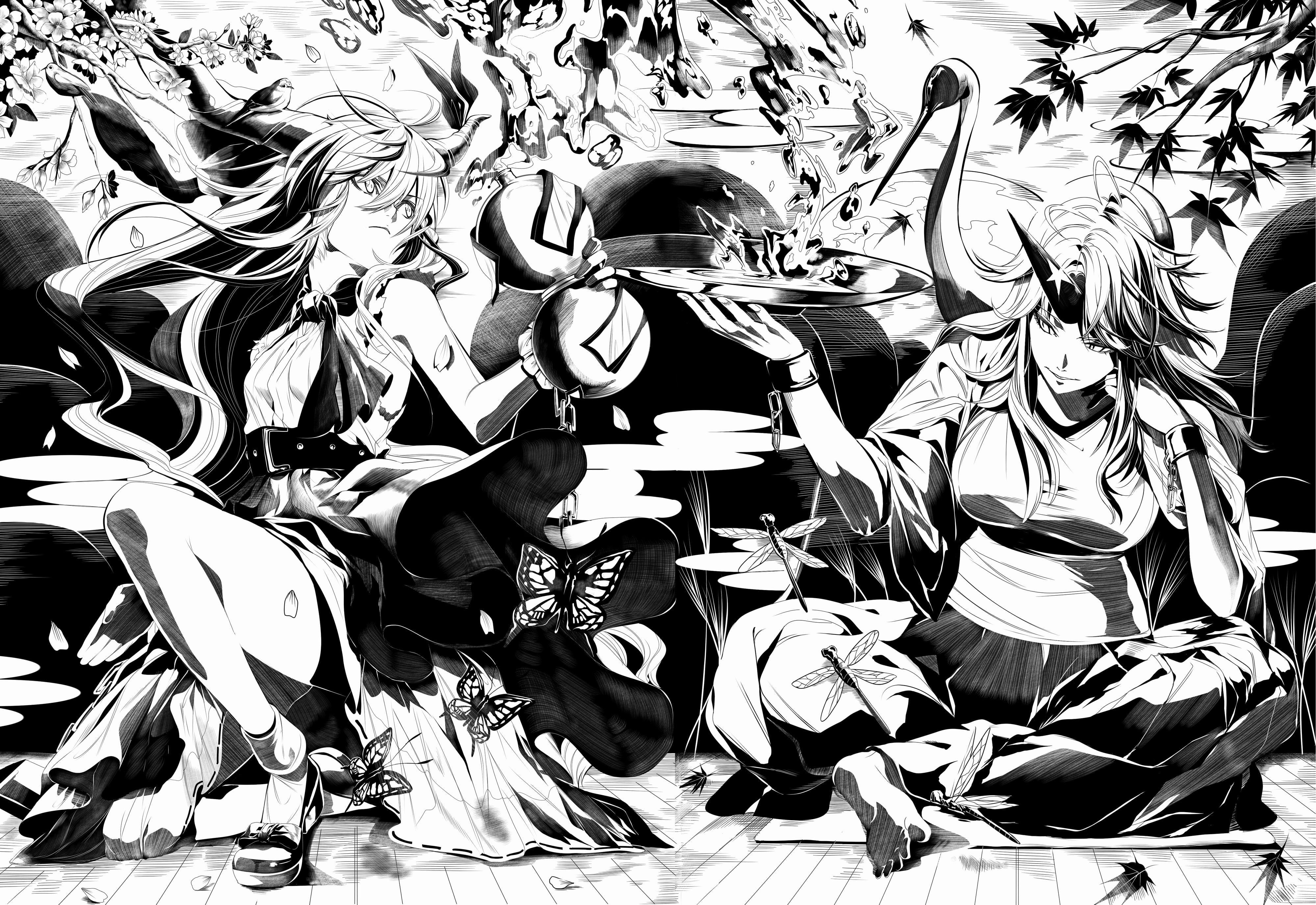 aoi, yuugi, monochrome, tsukimoto, suika, touhou, 4K, hoshiguma, ibuki, HD Wallpaper