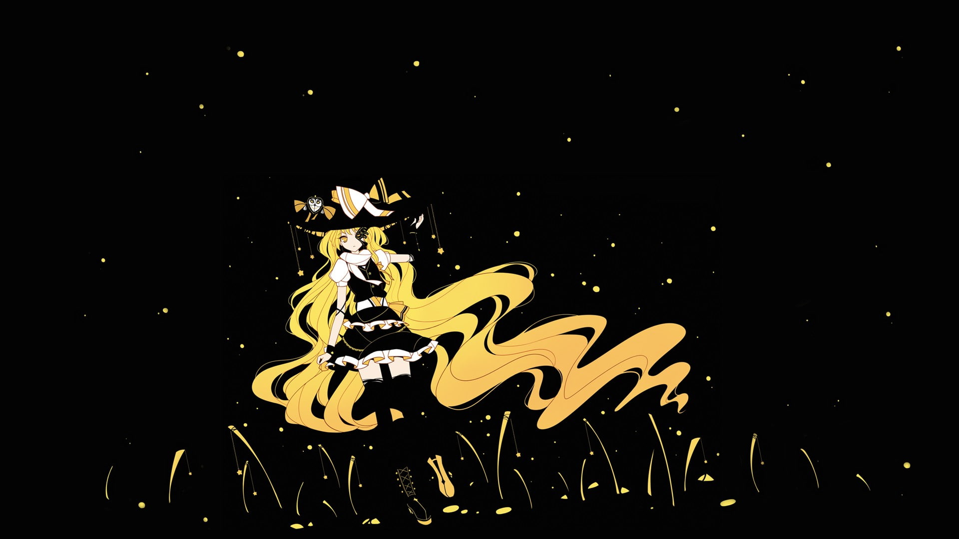 low angle view, night, anime, sky, communication, creativity, 1080P, anime girls, celebration, lighting equipment, colorful, sculpture, Touhou, text, black background, HD Wallpaper