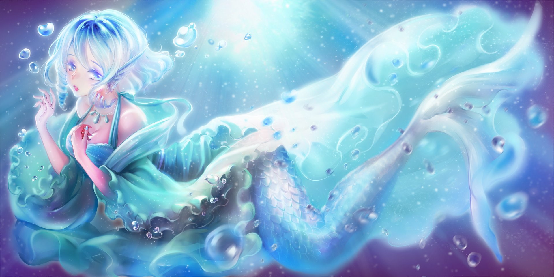 Blue Hair, Video Game, Wakasagihime (Touhou), Blue Eyes, 1080P, Necklace, Short Hair, Animal Ears, Mermaid, Anime, Touhou, Water, HD Wallpaper