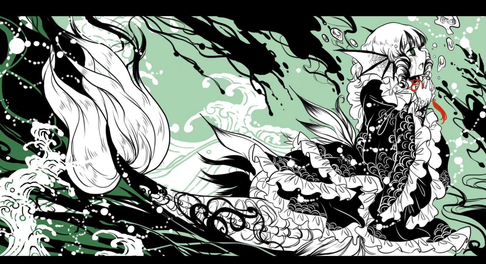 720P, tears, hair, eyes, green, long, crying, wings, white, shigureru, wakasagihime, touhou, HD Wallpaper
