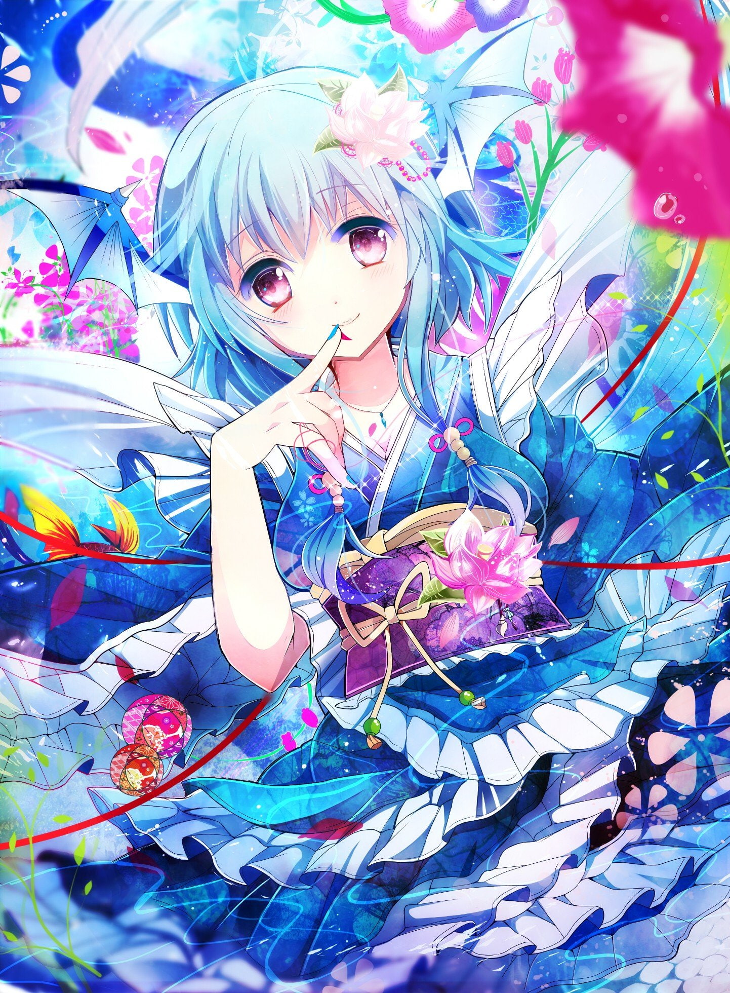 Flower Petals, wings, kimono, Short Hair, anime, Anime Girls, Sheet, petals, ribbon, Traditional Clothing, flowers, 1080P, jewelry, touhou, Flower In Hair, Phone HD Wallpaper