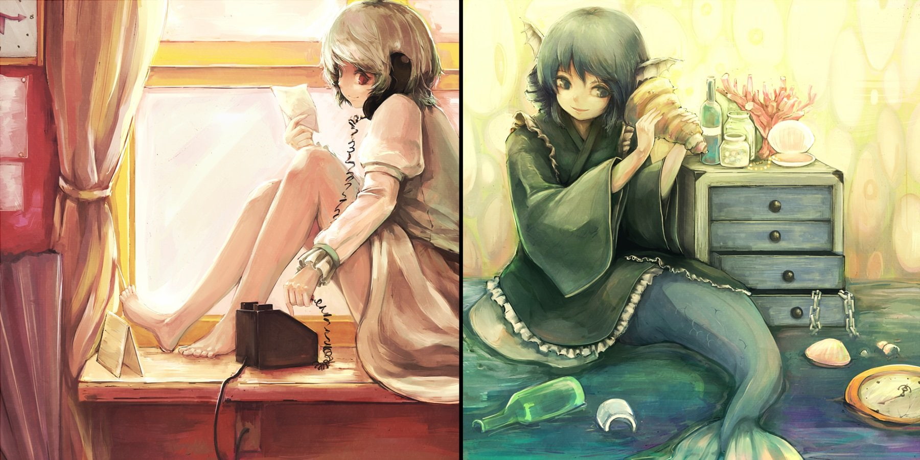 mermaid, kogasa, paper, phone, 720P, girls, wakasagihime, touhou, barefoot, yoss, tatara, HD Wallpaper
