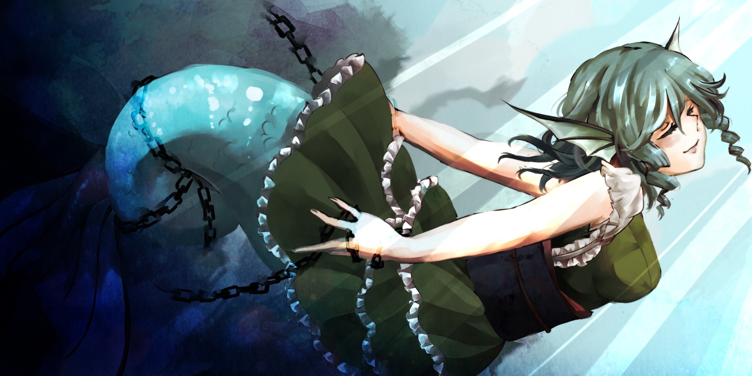 dress, wakasagihime, touhou, chain, short, wings, hair, mermaid, sooru0720, green, 1080P, HD Wallpaper