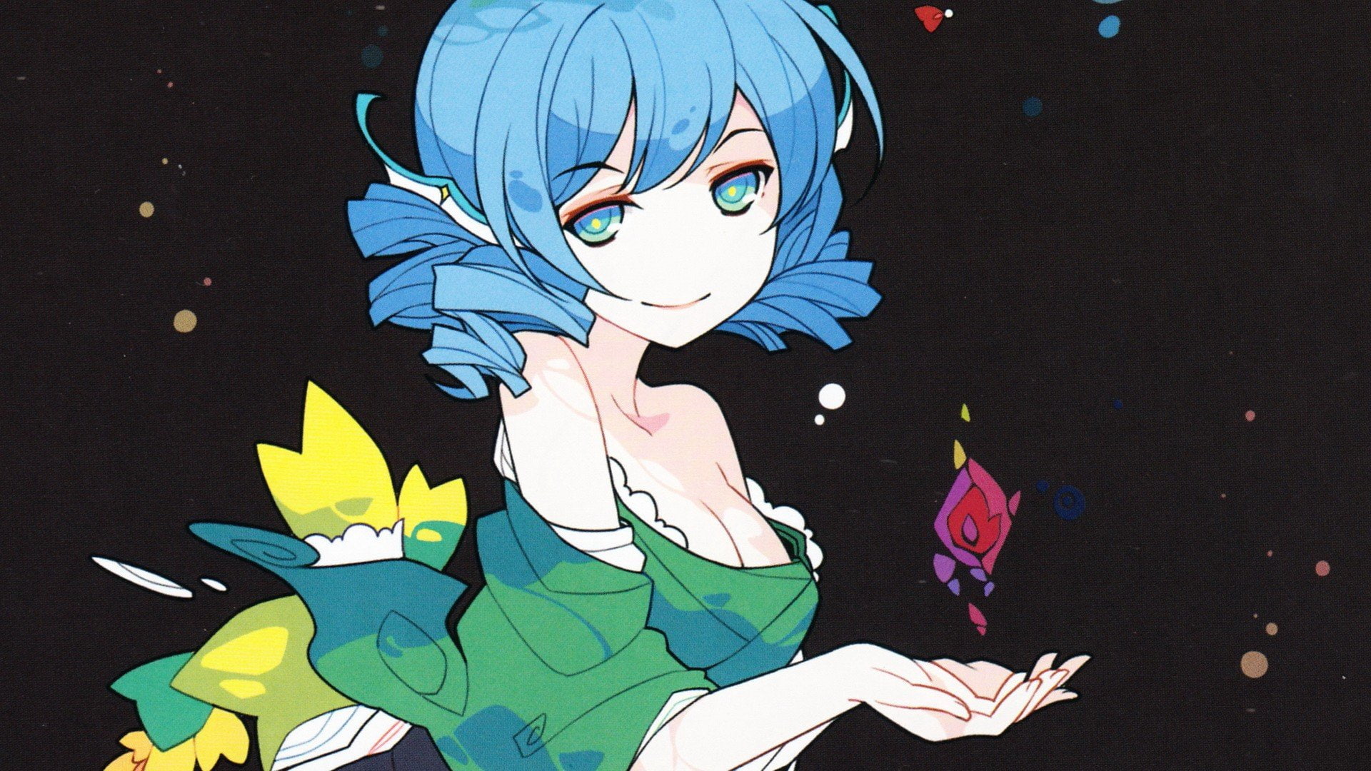 Simple Background, cleavage, blue eyes, green Dress, video games, black background, touhou, Wakasagihime, Blue Hair, Bangs, dress, 1080P, Curly Hair, Short Hair, HD Wallpaper