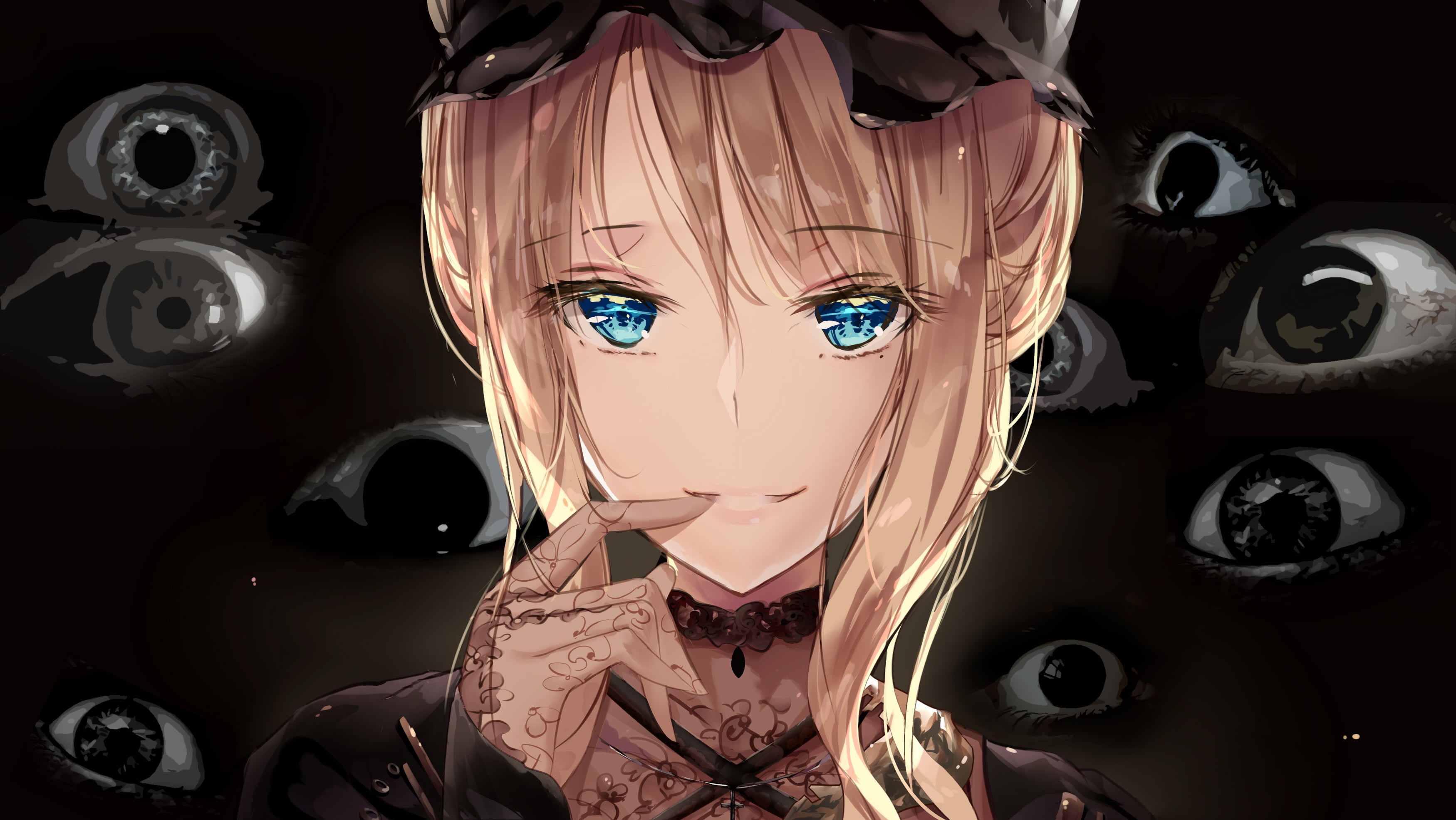 adult, short hair, smiling, fallen heaven, simple background, retail display, human face, finger on lips, Touhou, Yakumo Yukari, blue eyes, black background, HD Wallpaper