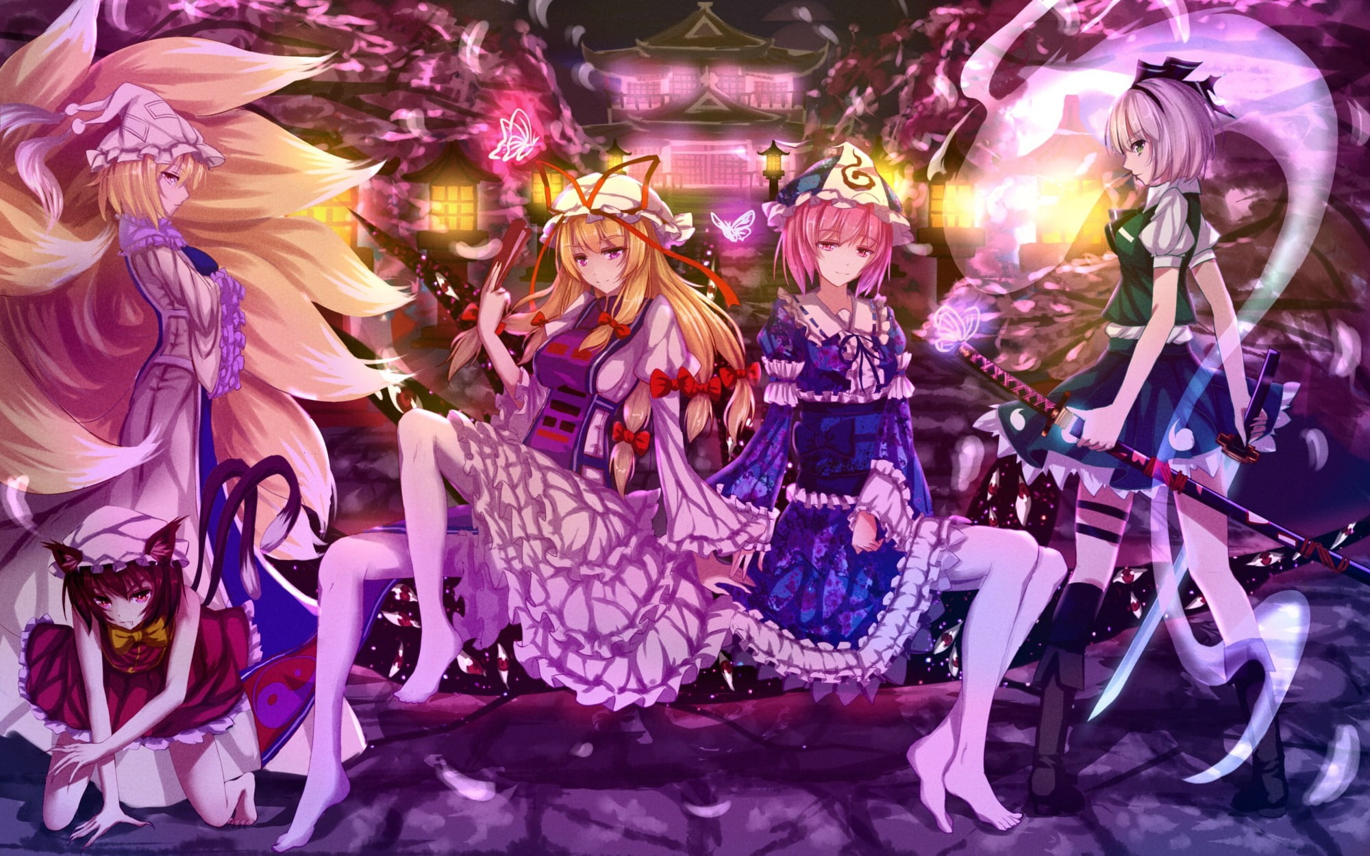 women, illuminated, adult, Yukizuki Sumino, nightlife, art and craft, anime girls, event, fashion, 1080P, clothing, anime, Yakumo Yukari, night, people, HD Wallpaper