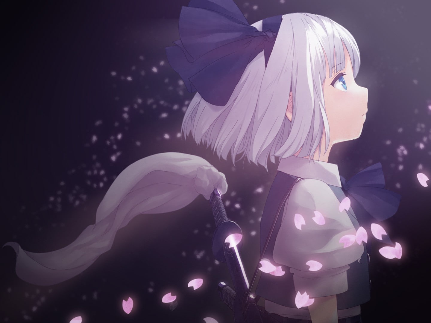 Konpaku Youmu, no people, anime girls, 720P, focus on foreground, representation, motion, nature, Touhou, outdoors, illuminated, costume, studio shot, HD Wallpaper