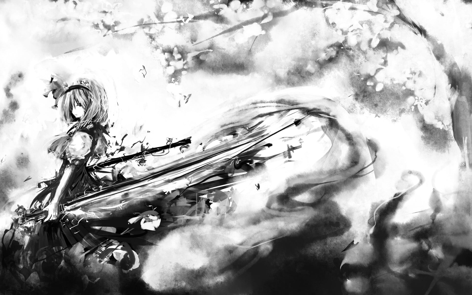 digital composite, nature, monochrome, flowering plant, Touhou, sky, close-up, outdoors, day, anime, arts culture and entertainment, low angle view, statue, HD Wallpaper