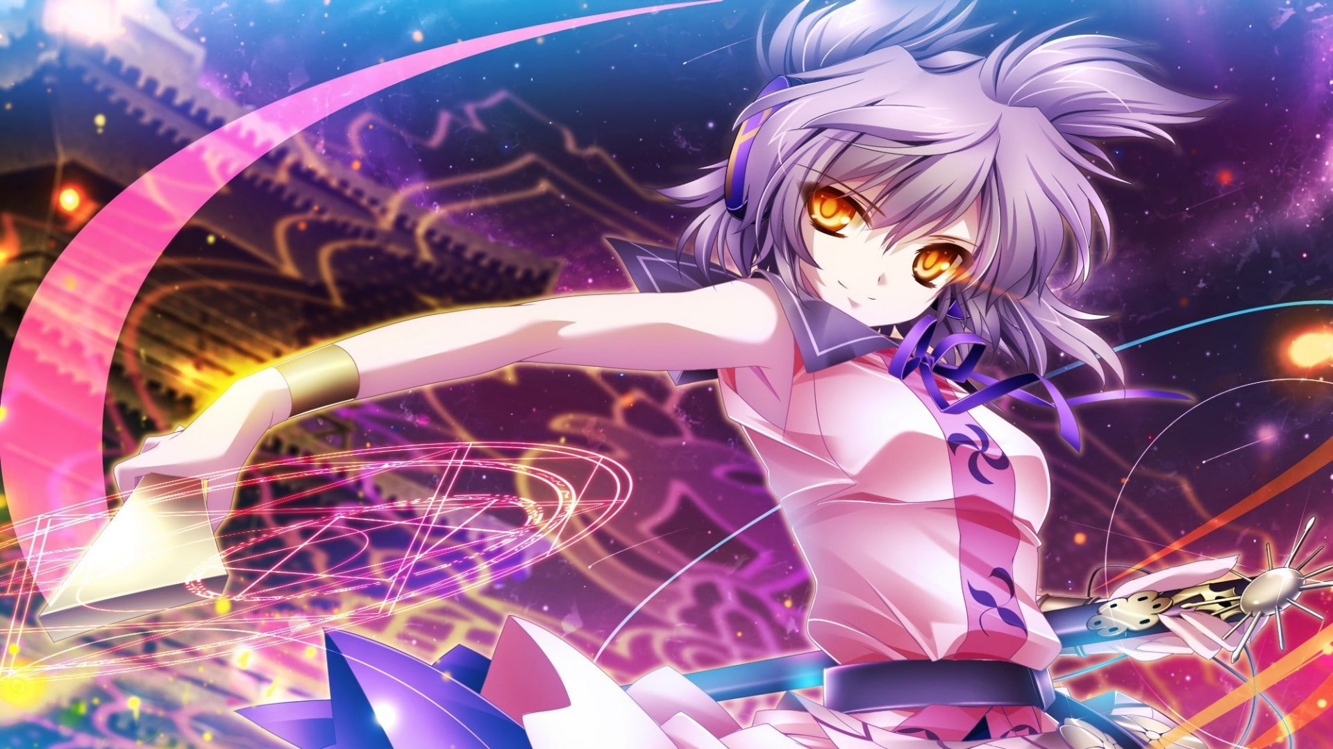 futuristic, purple, anime girls, night, women, connection, cyborg, arts culture and entertainment, abstract, representation, adult, people, Toyosatomimi no Miko, HD Wallpaper