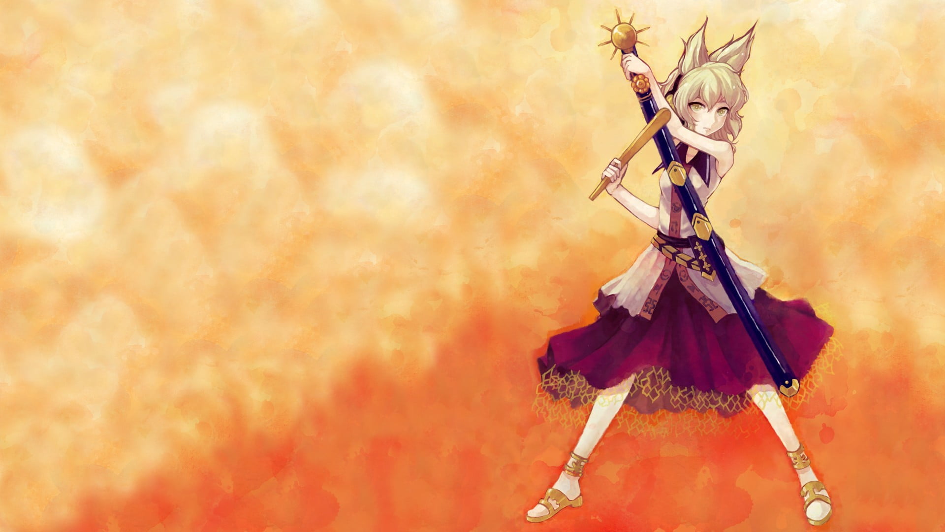 sword, orange color, anime girls, adult, sky, traditional clothing, sunset, ornate, costume, nature, mystery, beauty in nature, anime, clothing, full length, HD Wallpaper