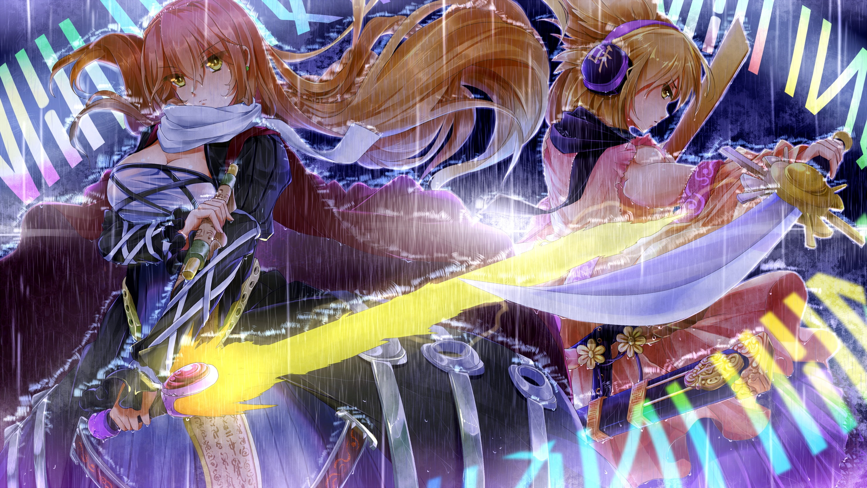 multi colored, close-up, no people, hijiri byakuren, 2K, day, textile, full frame, touhou, purple, pattern, water, toyosatomimi no miko, yellow, Anime, HD Wallpaper