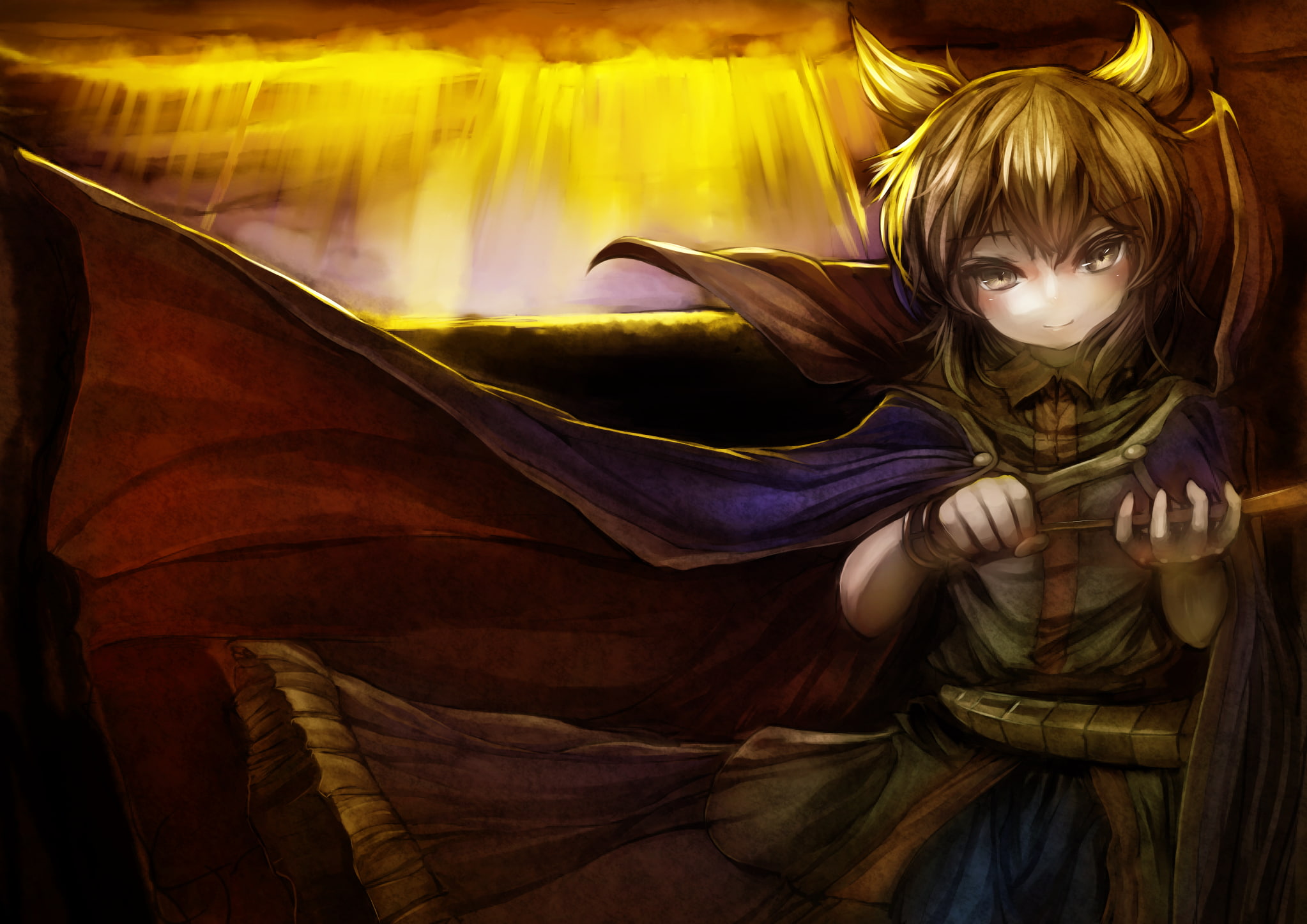 clime, blonde, miko, cape, toyosatomimi, hair, 1080P, rock, touhou, weapon, yellow, eyes, short, danbo, sword, HD Wallpaper