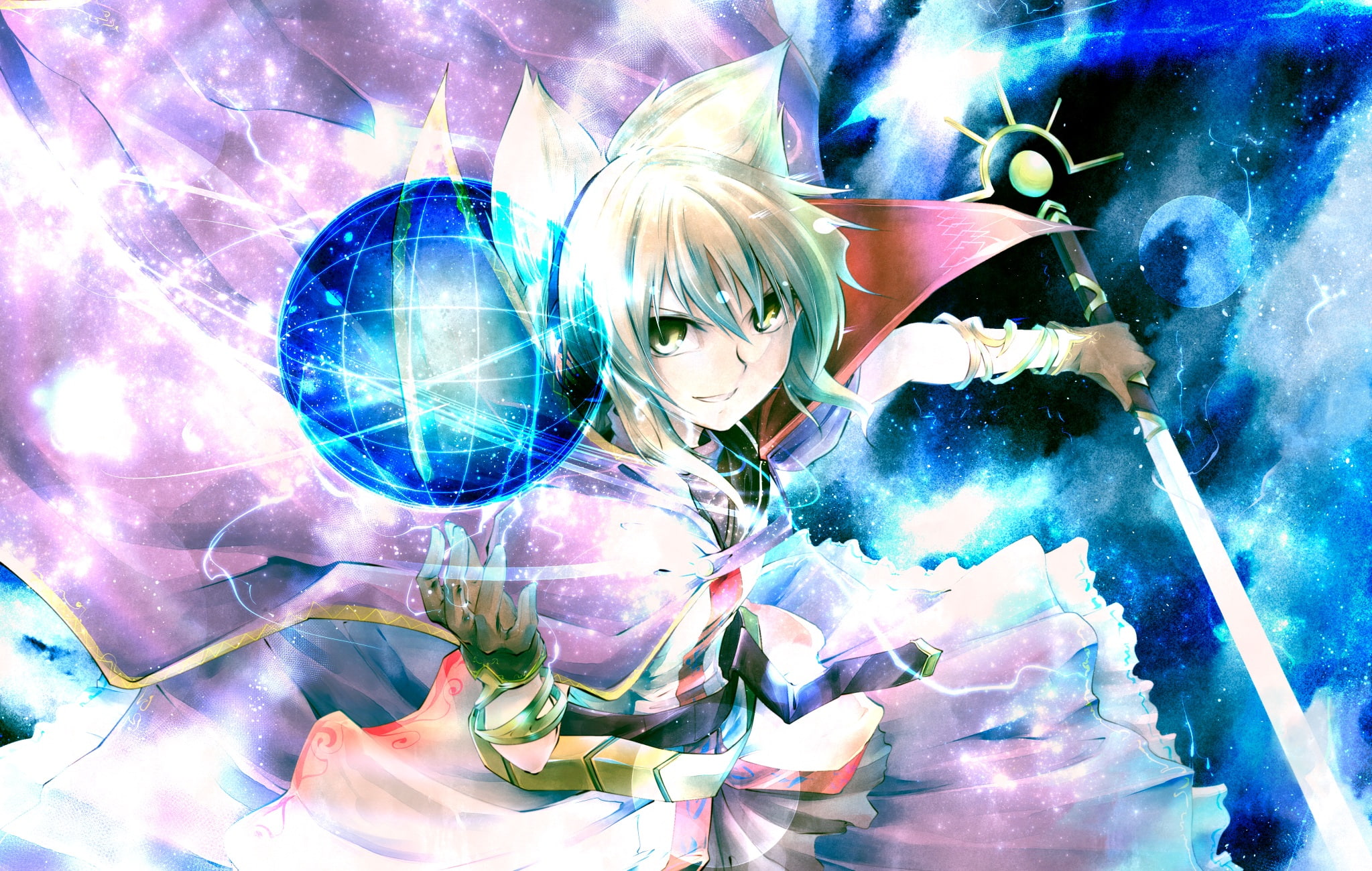 kakao, toyosatomimi, noise 111, sword, 1080P, magic, touhou, eyes, white, miko, gloves, hair, green, weapon, HD Wallpaper