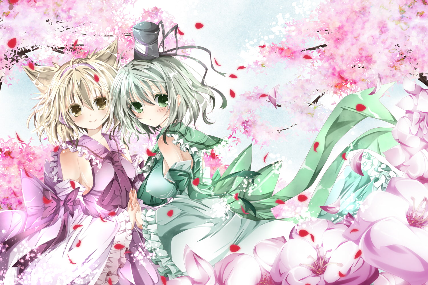 nao, toyosatomimi, animal, ears, green, blossoms, petals, miko, flowers, cherry, dress, touhou, eyes, soga, tojiko, 720P, nanase, HD Wallpaper
