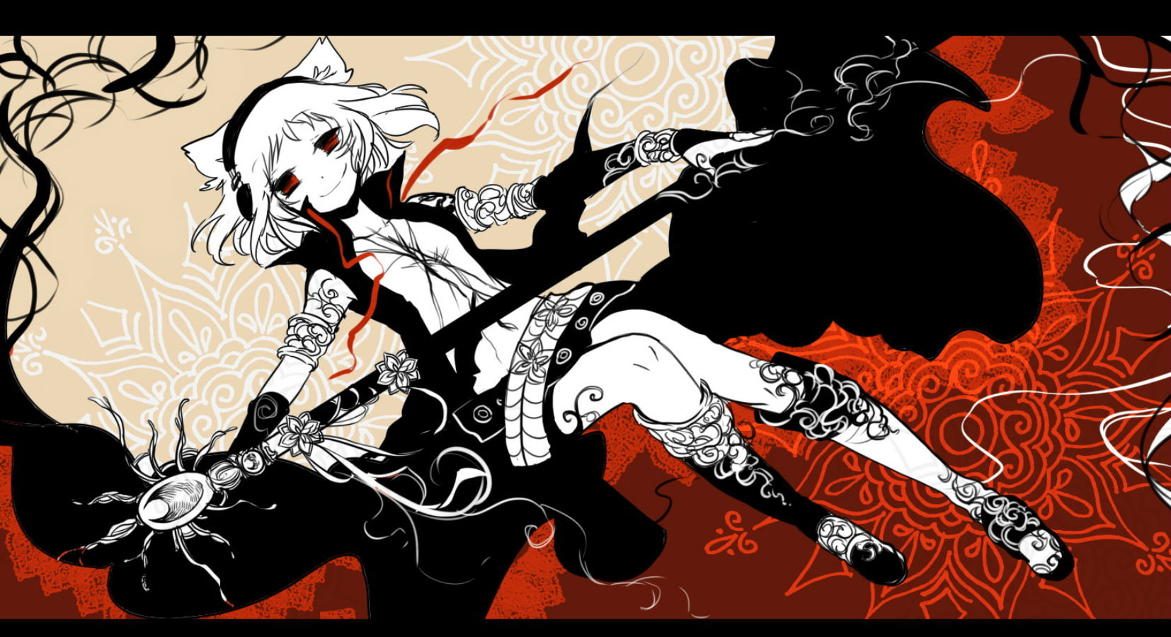 artifacts, staff, white, short, shigureru, kneehighs, toyosatomimi, touhou, eyes, red, gloves, jpeg, miko, 720P, hair, weapon, headphones, HD Wallpaper