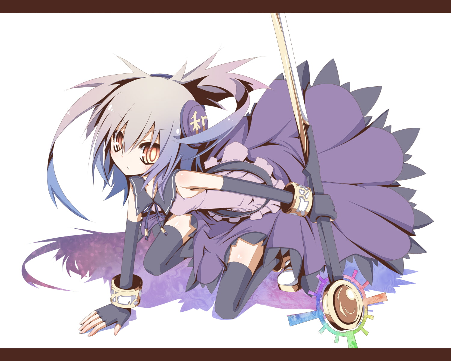 thighhighs, hair, ichiyan, short, headphones, 720P, sword, gloves, toyosatomimi, eyes, miko, staff, orange, weapon, touhou, elbow, gray, skirt, HD Wallpaper