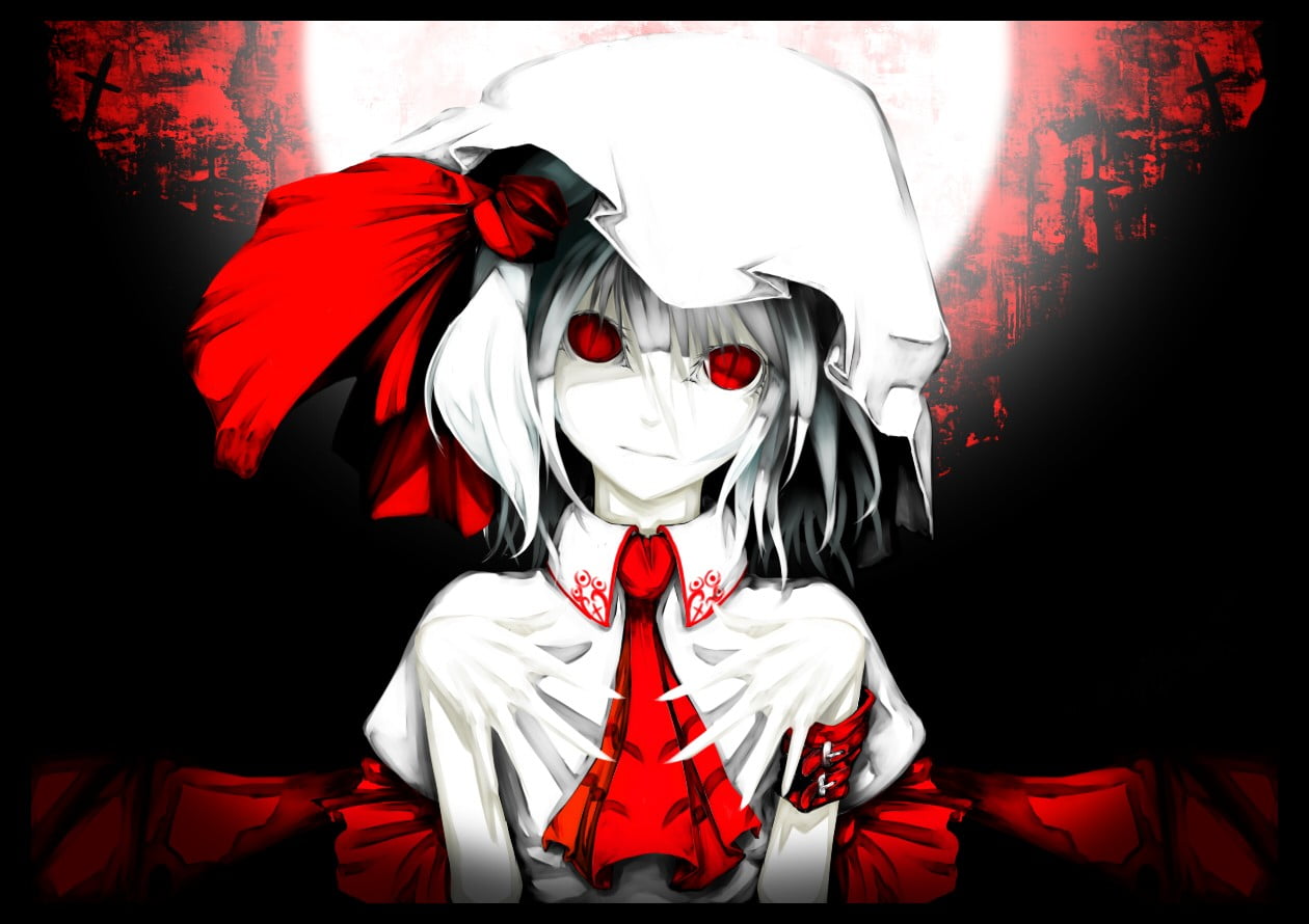 representation, s, women, costume, white color, human body part, black background, close-up, creativity, Remilia Scarlet, white hair, standing, anime, front view, HD Wallpaper