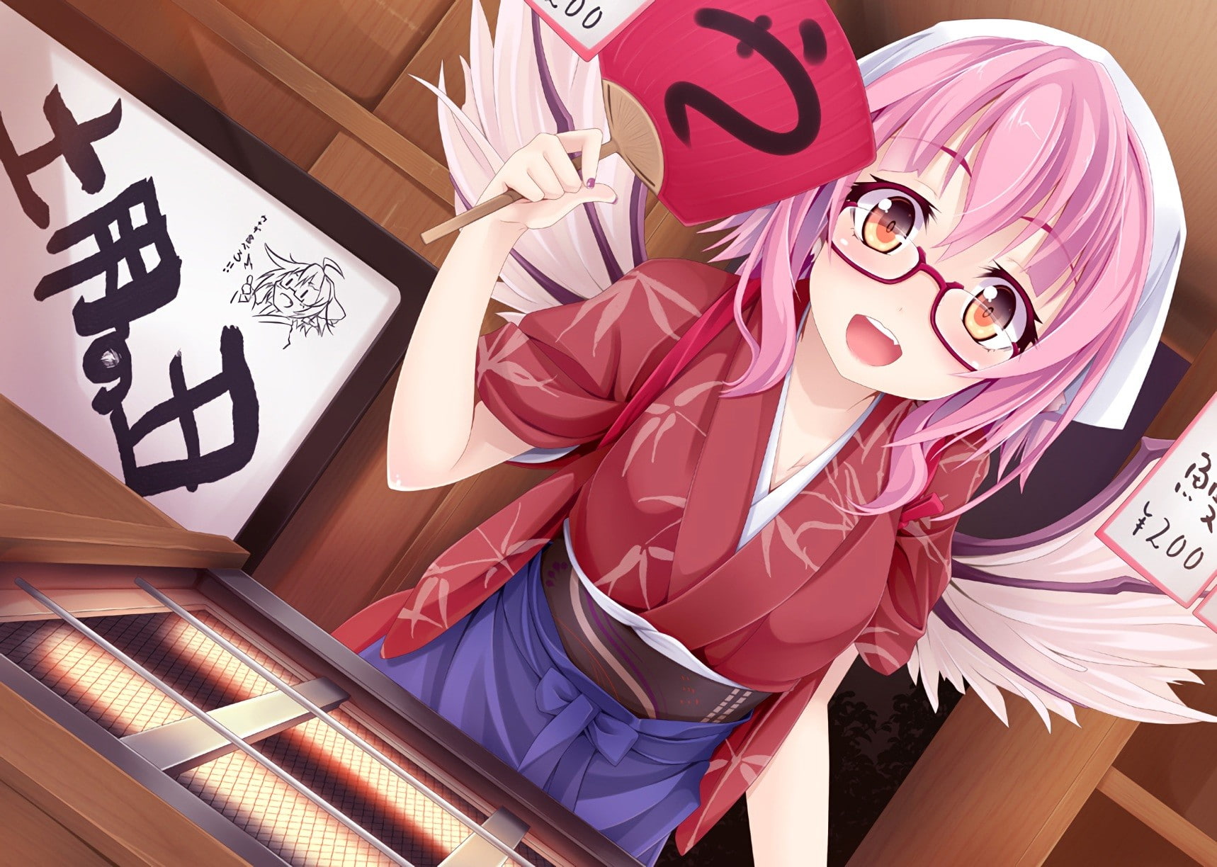Japanese clothes, kimono, Touhou, anime, wings, Mystia Lorelei, pink hair, orange eyes, anime girls, glasses, long hair, 720P, HD Wallpaper