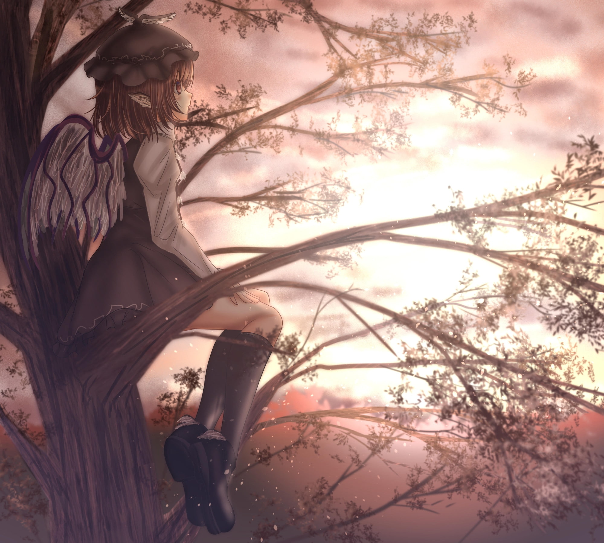nature, beautiful woman, young adult, wings, one person, hairstyle, adult, Anime, mystia lorelei, branch, women, profile view, leisure activity, long hair, HD Wallpaper