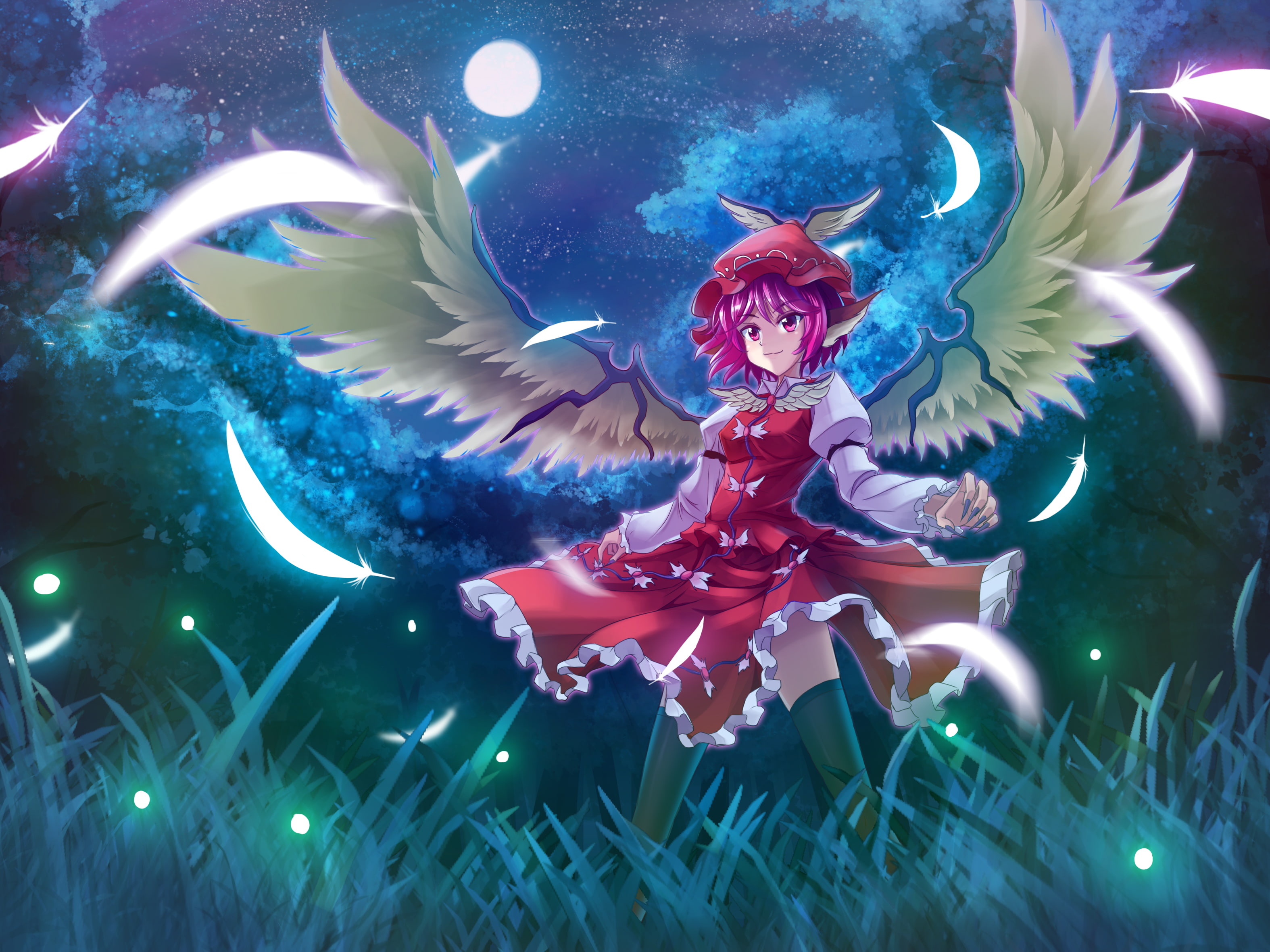 lorelei, hat, animal, thighhighs, short, 2K, hair, ears, wings, mystia, shinebell, moon, touhou, HD Wallpaper