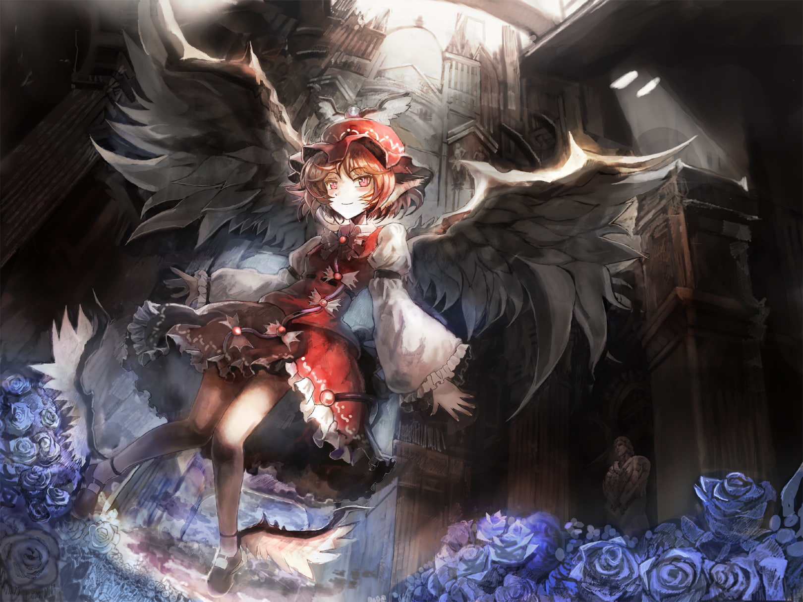 flowers, red, hair, asuka, skirt, hat, blonde, wings, animal, ultimate, 720P, ears, mystia, lorelei, short, eyes, touhou, HD Wallpaper