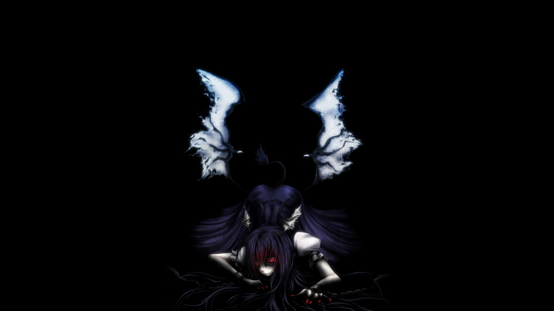 glowing eyes, Touhou, anime girls, creepy, simple background, long hair, dress, 1080P, wings, tail, red eyes, blue hair, Mystia Lorelei, HD Wallpaper