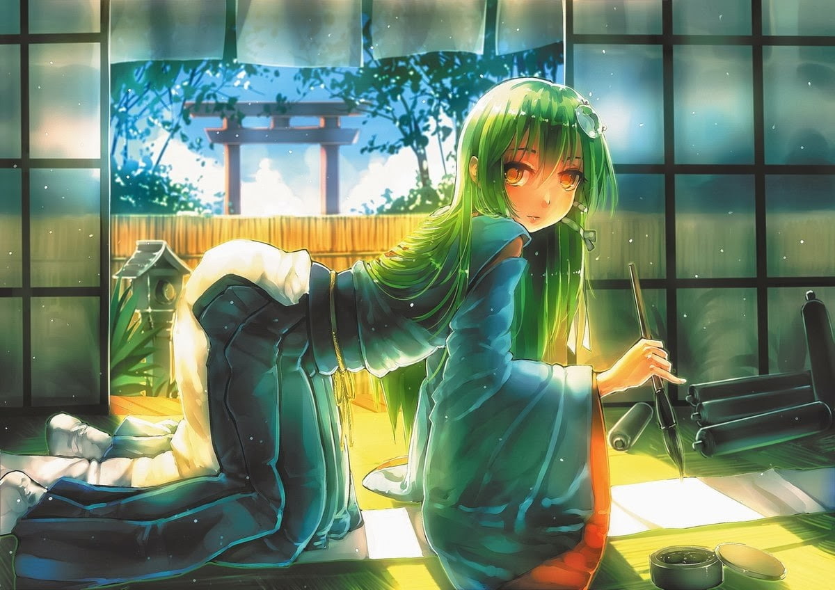 lifestyles, human representation, transparent, looking at camera, one person, hairstyle, glass - material, green color, front view, Touhou, young adult, HD Wallpaper