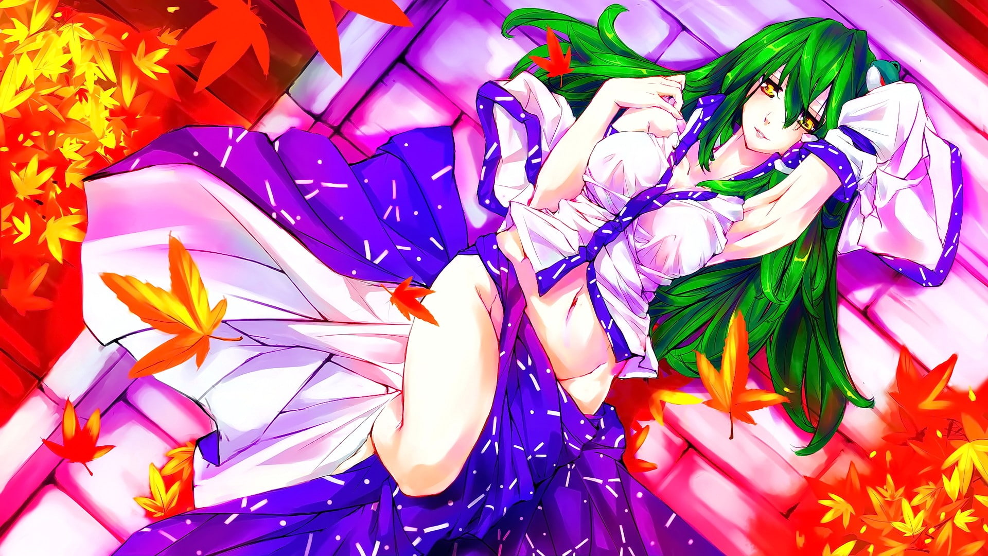 1080P, anime girls, green hair, Touhou, Kochiya Sanae, looking away, anime, HD Wallpaper