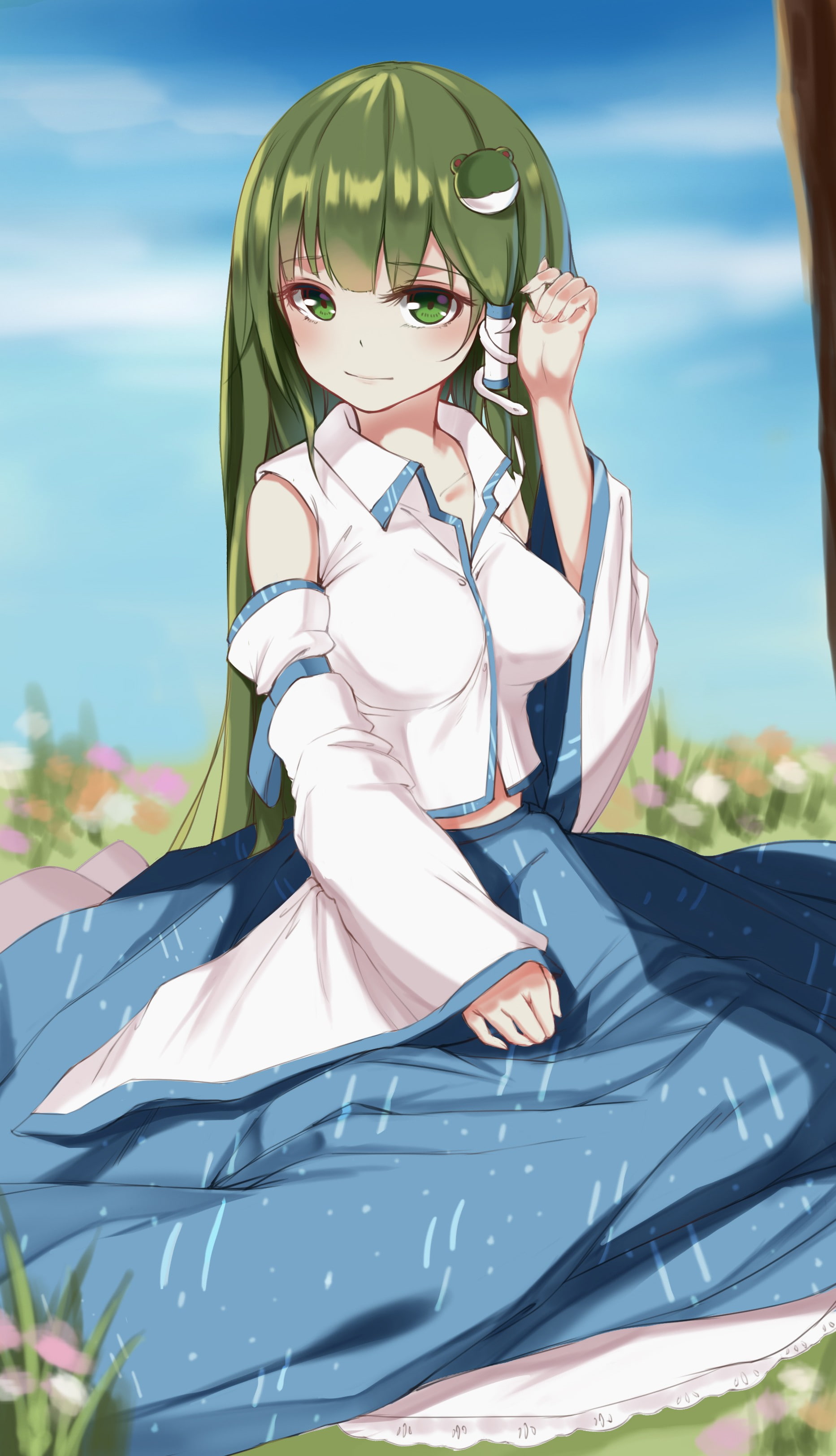 lifestyles, emotion, one person, outdoors, green eyes, nature, long hair, green hair, day, adult, women, car, Kochiya Sanae, transportation, motor vehicle, Phone HD Wallpaper