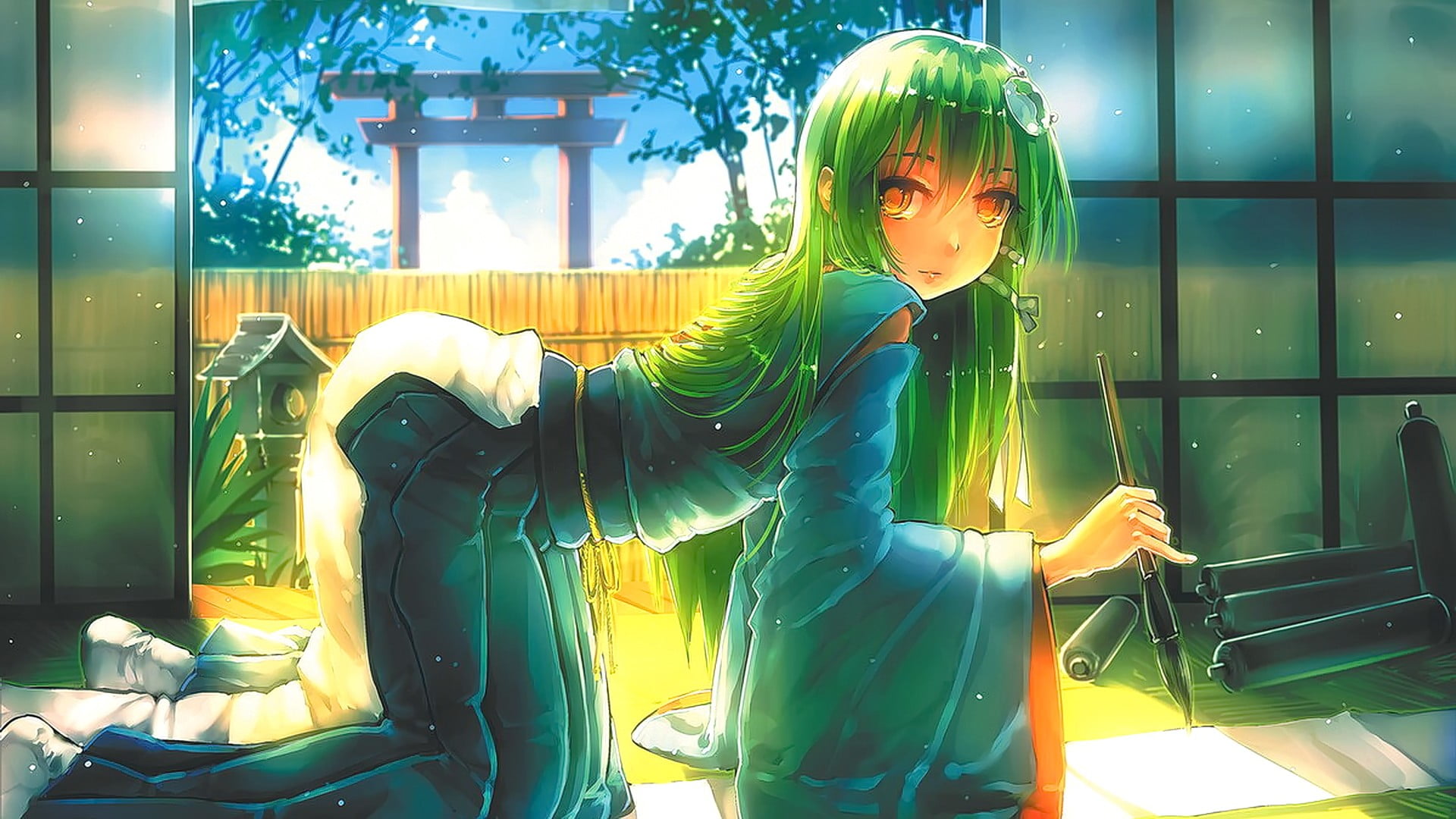 anime, indoors, glass - material, transparent, illuminated, nature, yellow eyes, human representation, green color, Kochiya Sanae, real people, 1080P, HD Wallpaper