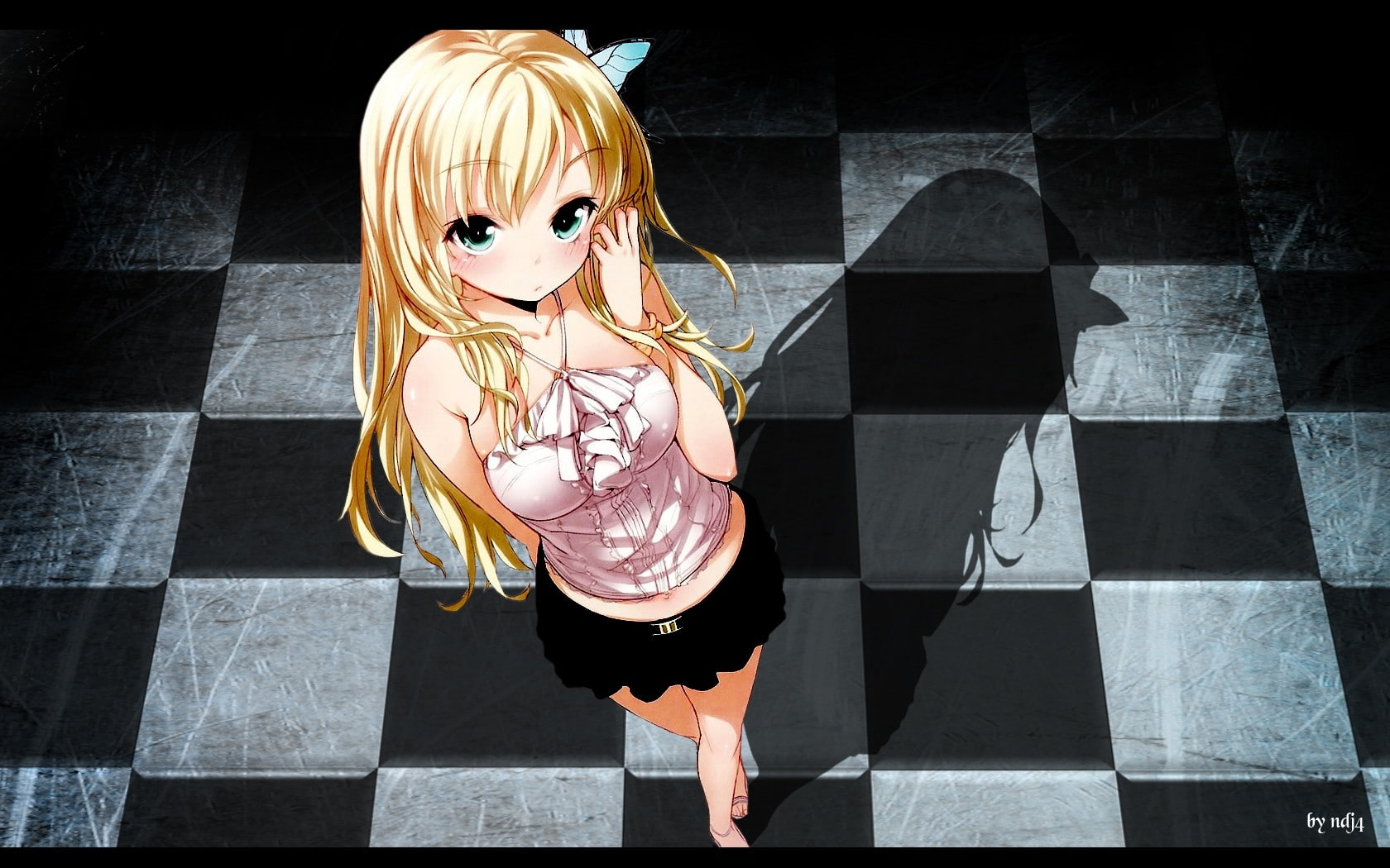 wa, art, tomodachi, eyes, sukunai, blue, butterflies, hair, checkered, shadows, long, floor, ga, butterfly, 720P, boku, hd, animals, blondes, skirts, HD Wallpaper