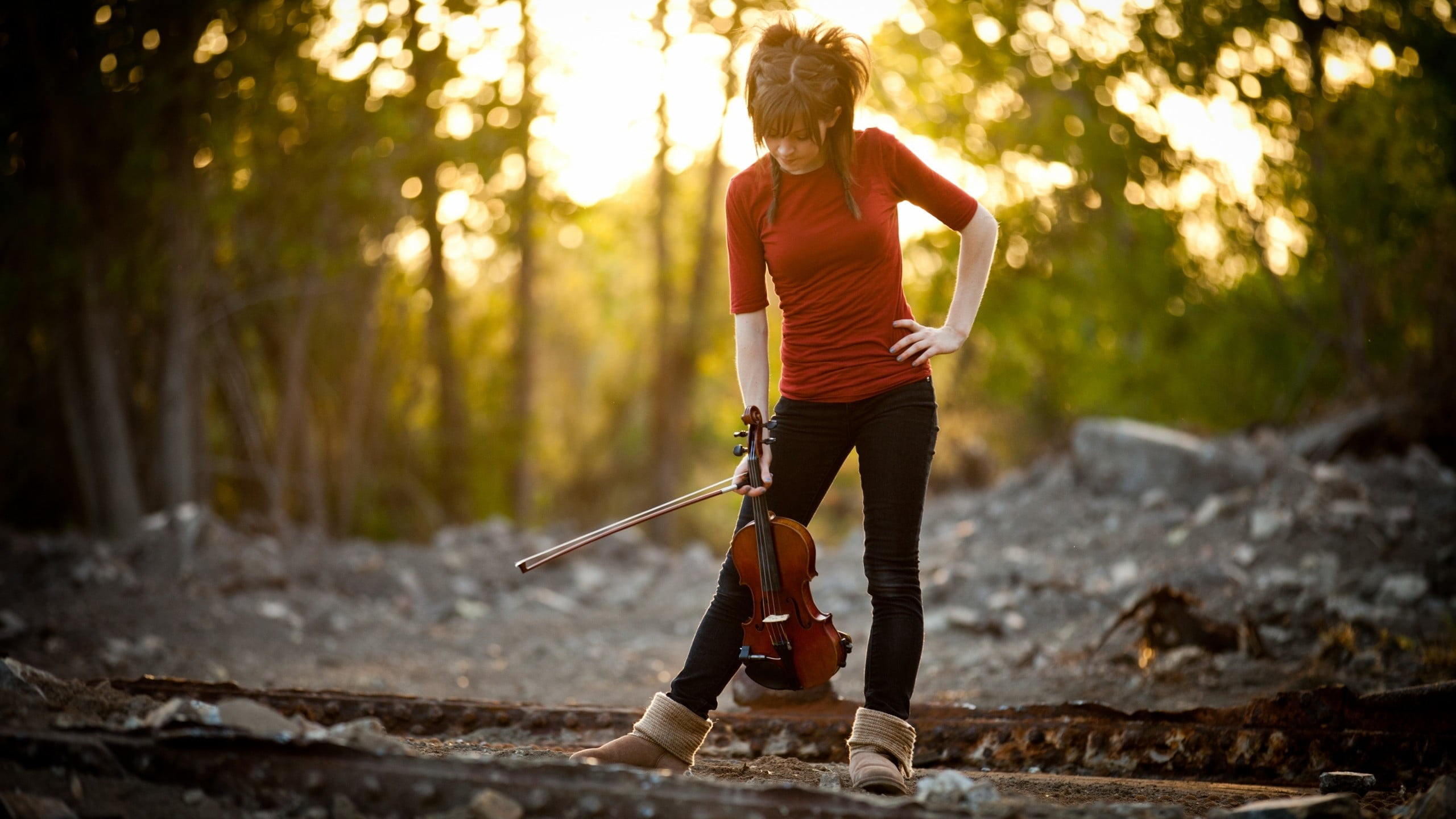 casual clothing, one person, day, holding, full length, sunlight, rear view, leisure activity, standing, nature, tree, Lindsey Stirling, women, 2K, adult, HD Wallpaper