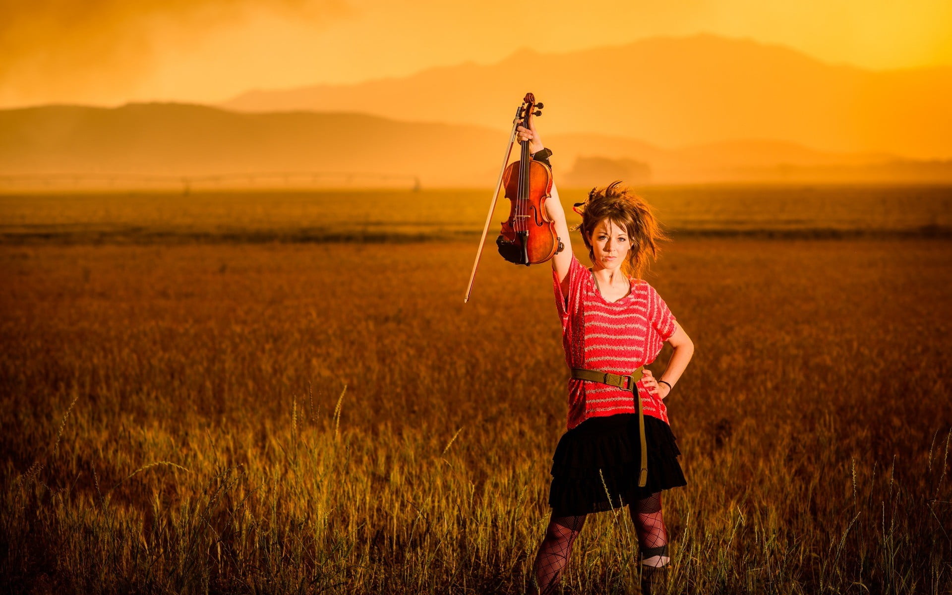 human arm, landscape, sunlight, sky, 1080P, adult, one person, skirt, women, childhood, arms raised, sunset, violin, nature, outdoors, holding, Lindsey Stirling, HD Wallpaper