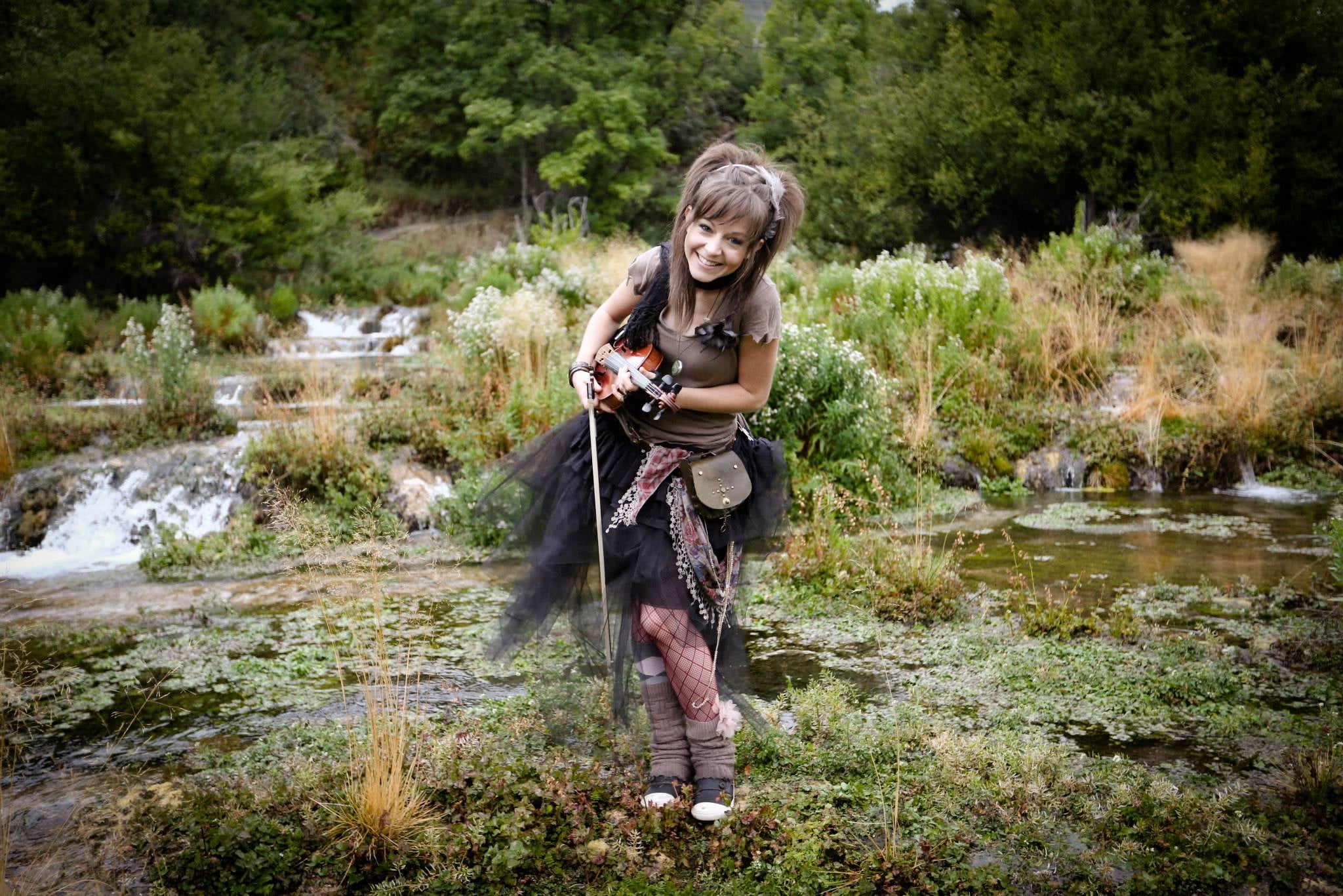 real people, 1080P, violin, stream - flowing water, women, land, Lindsey Stirling, nature, holding, top, celebrity, young women, s, smiling, full length, HD Wallpaper