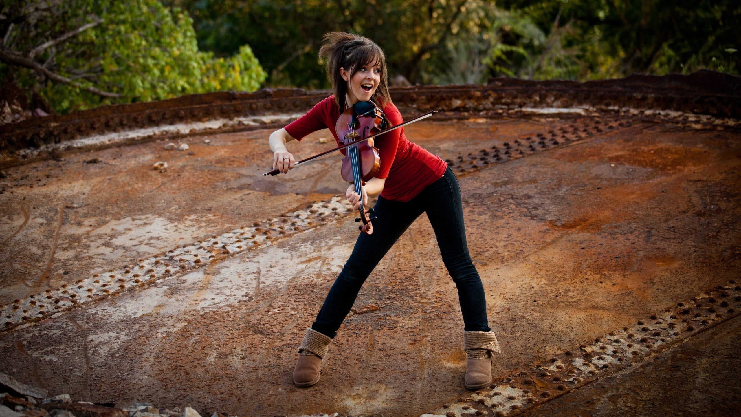 adult, one person, red, young adult, celebrity, day, casual clothing, women outdoors, Lindsey Stirling, standing, lifestyles, young women, violin, playing, HD Wallpaper