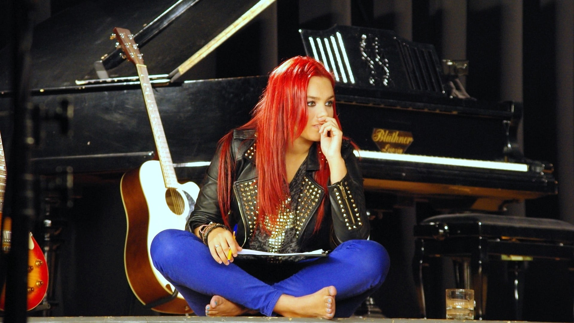 Ewa Farna, guitar, seat, redhead, hairstyle, piano, music, barefoot, sitting, leather jackets, indoors, chair, musical equipment, stage, 1080P, women, HD Wallpaper