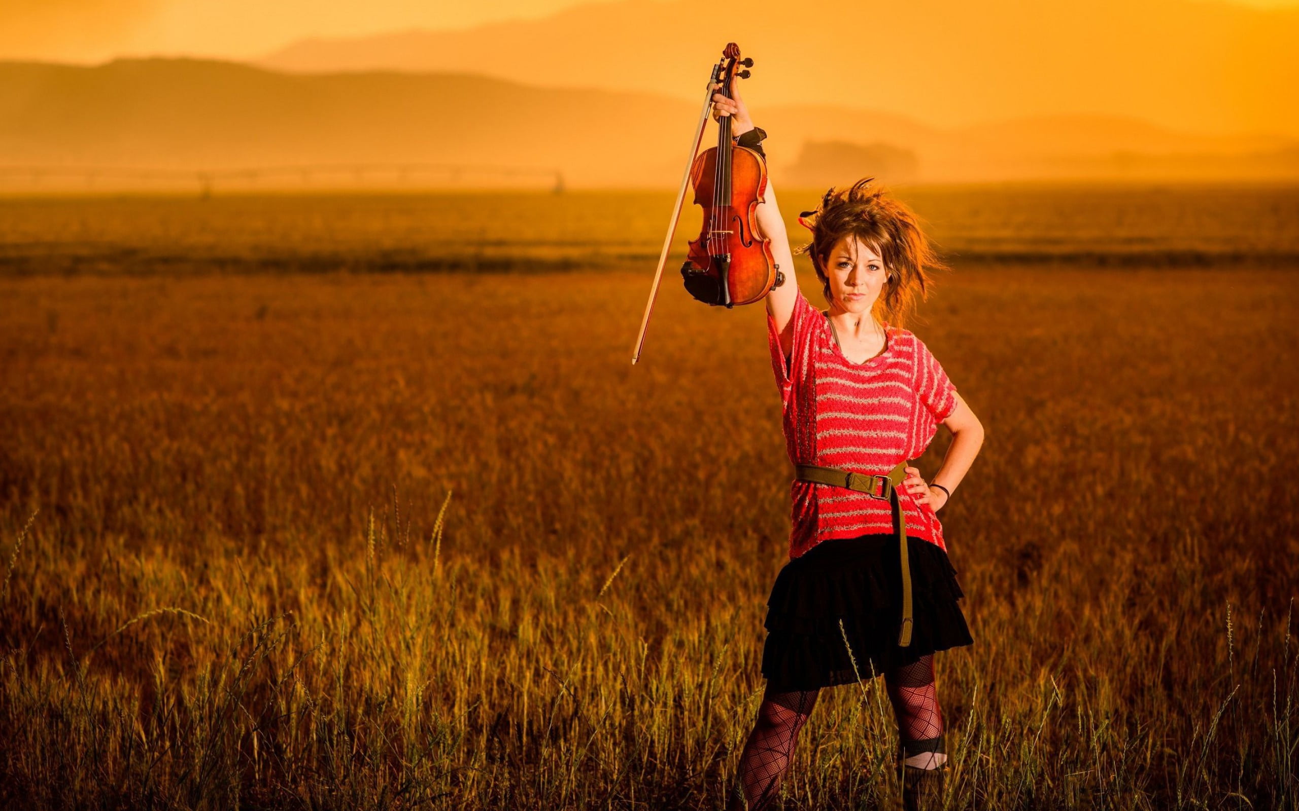 field, sunset, looking at viewer, music, outdoors, nature, musician, freedom, violin, beauty in nature, brunette, Lindsey Stirling, standing, sky, landscape, HD Wallpaper