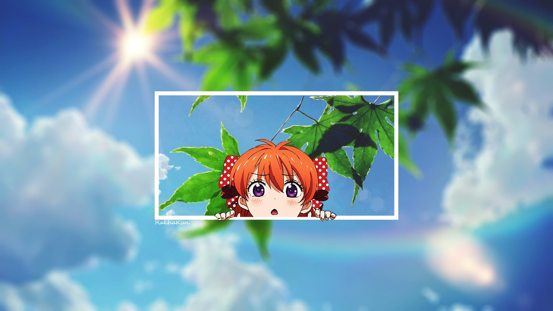 sunlight, leaf, sky, insect, 1080P, blue, close-up, outdoors, human representation, anime, anime girls, plant part, Gekkan Shoujo Nozaki-kun, low angle view, HD Wallpaper