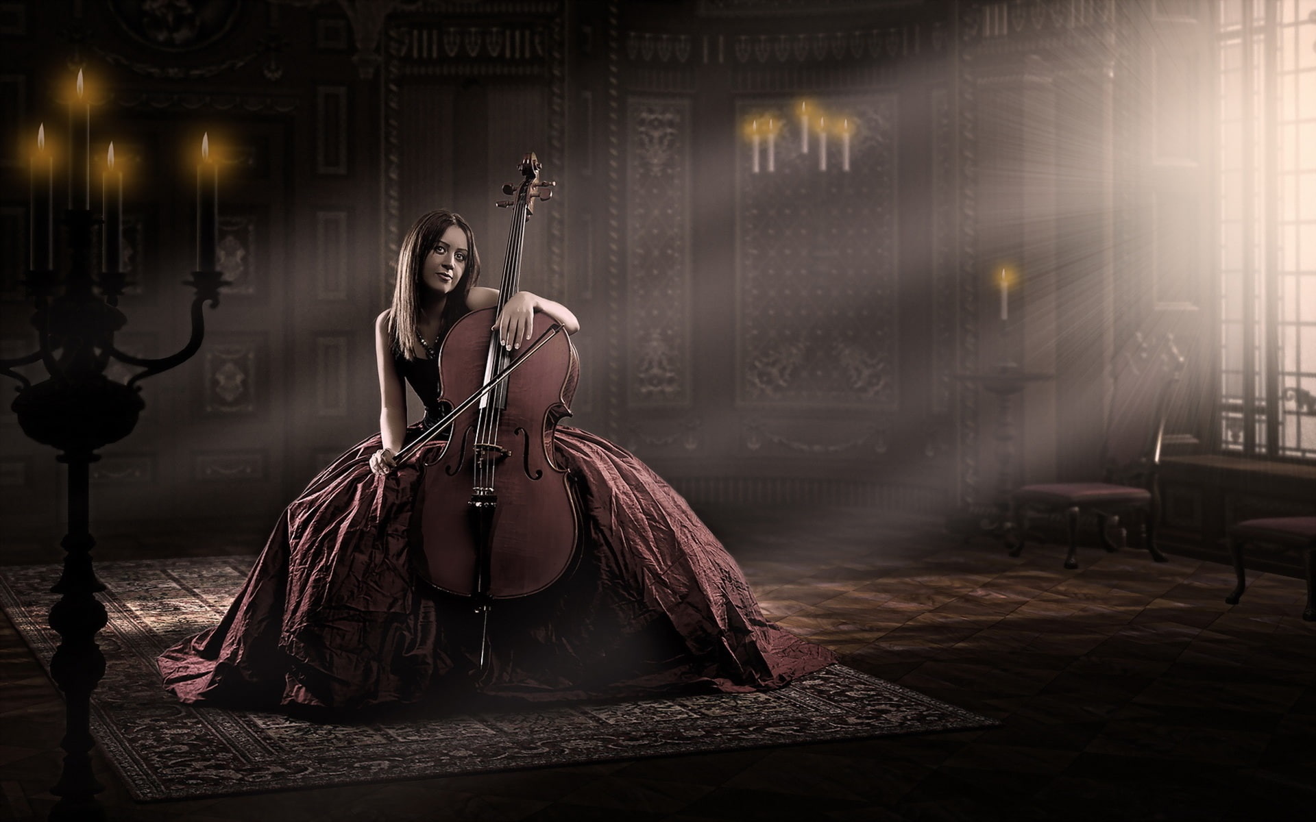 s, ball, Red, 1080P, brown, Cello, Dress, sleeveless, women, Girl, Music, gown, HD Wallpaper