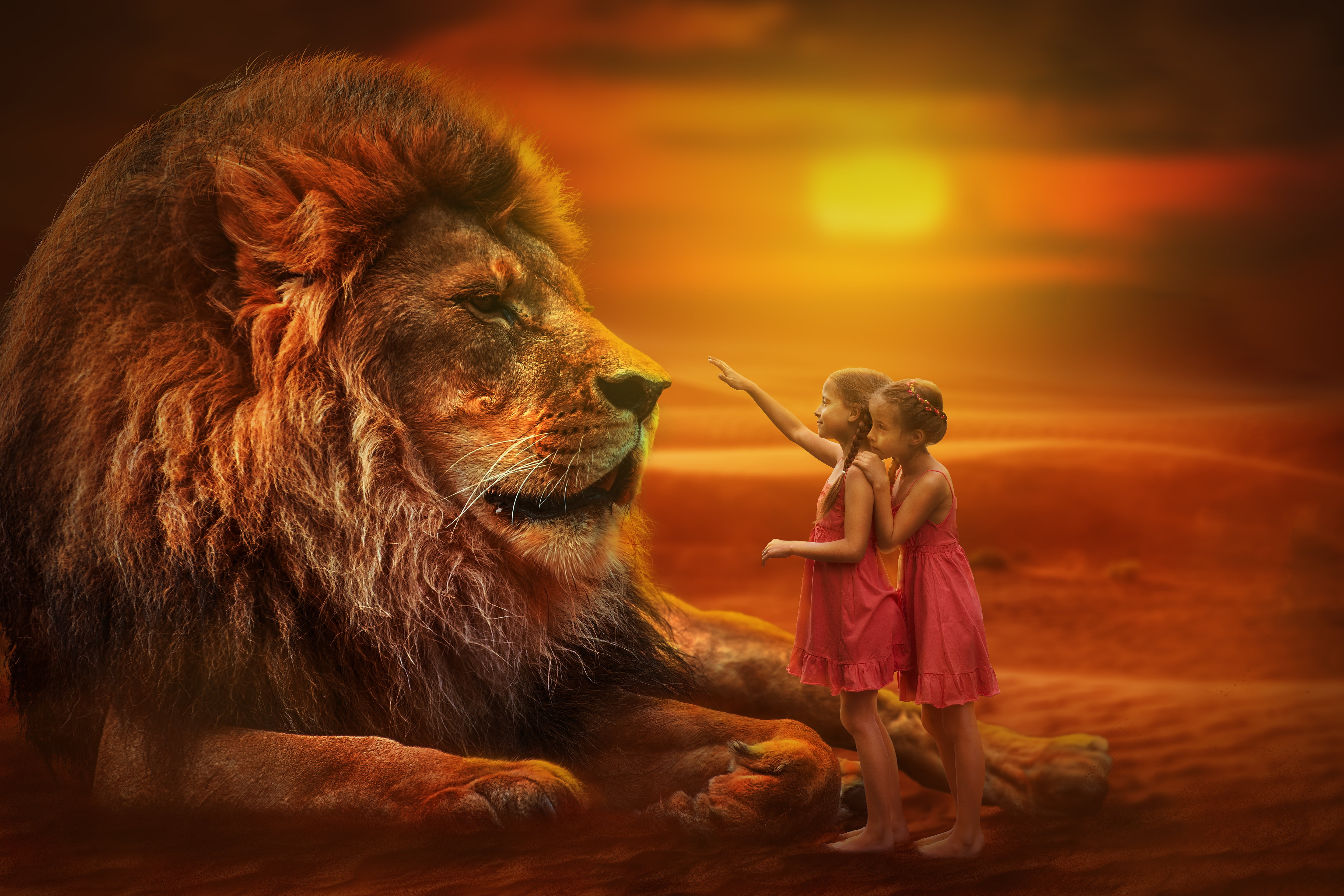 Girl, Lion, Photography, Little Girl, Manipulation, 5K, Child, HD Wallpaper