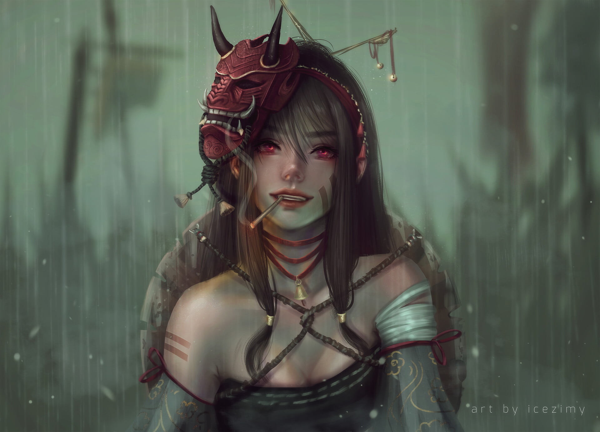 looking at viewer, drawing, 1080P, portrait, ice zimy (Artist), cleavage, rain, cigarettes, mask, brunette, smiling, digital art, digital painting, smoking, HD Wallpaper