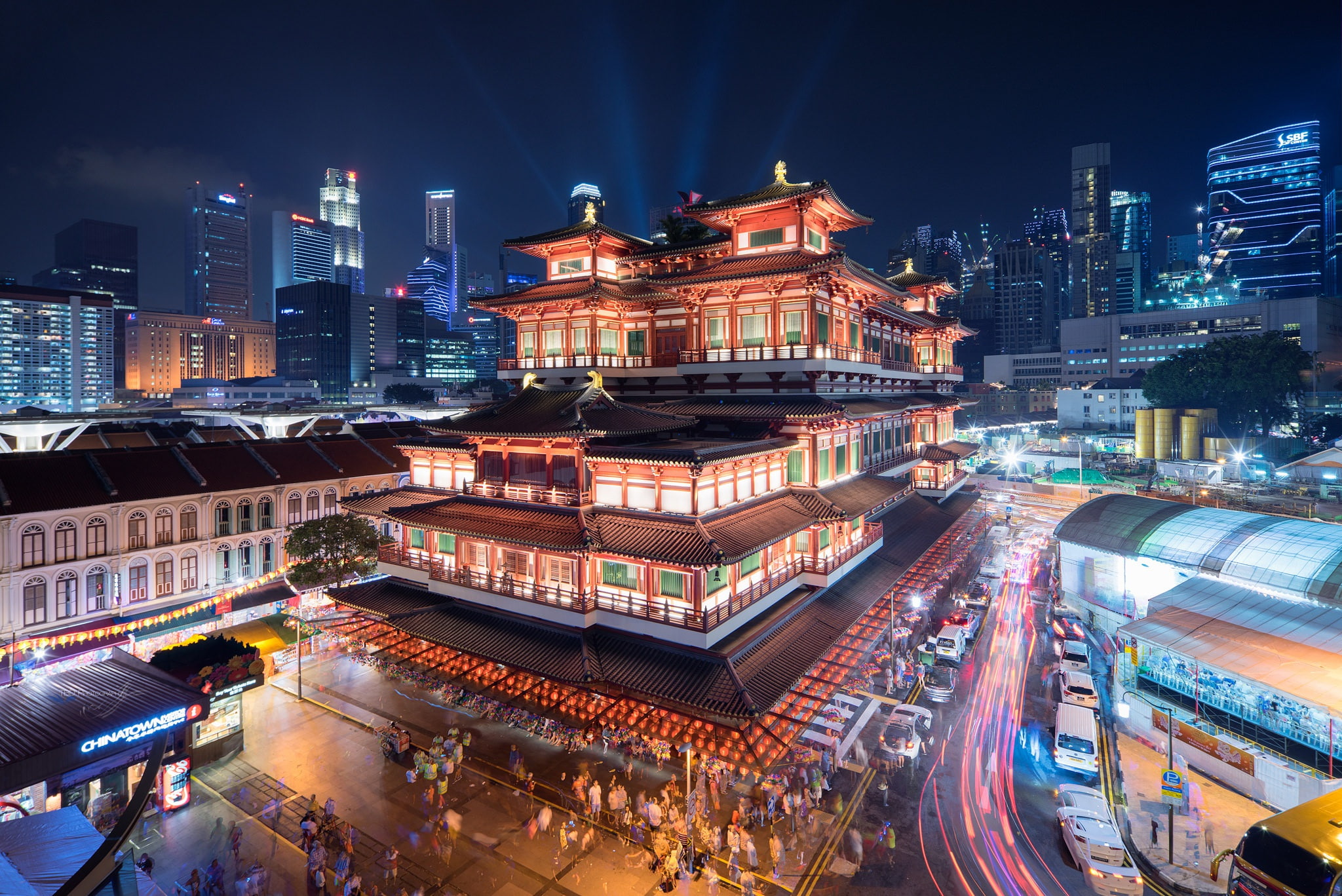 Singapore, building, temple, night city, Museum, Buddha Tooth Relic Temple and Museum, 1080P, HD Wallpaper
