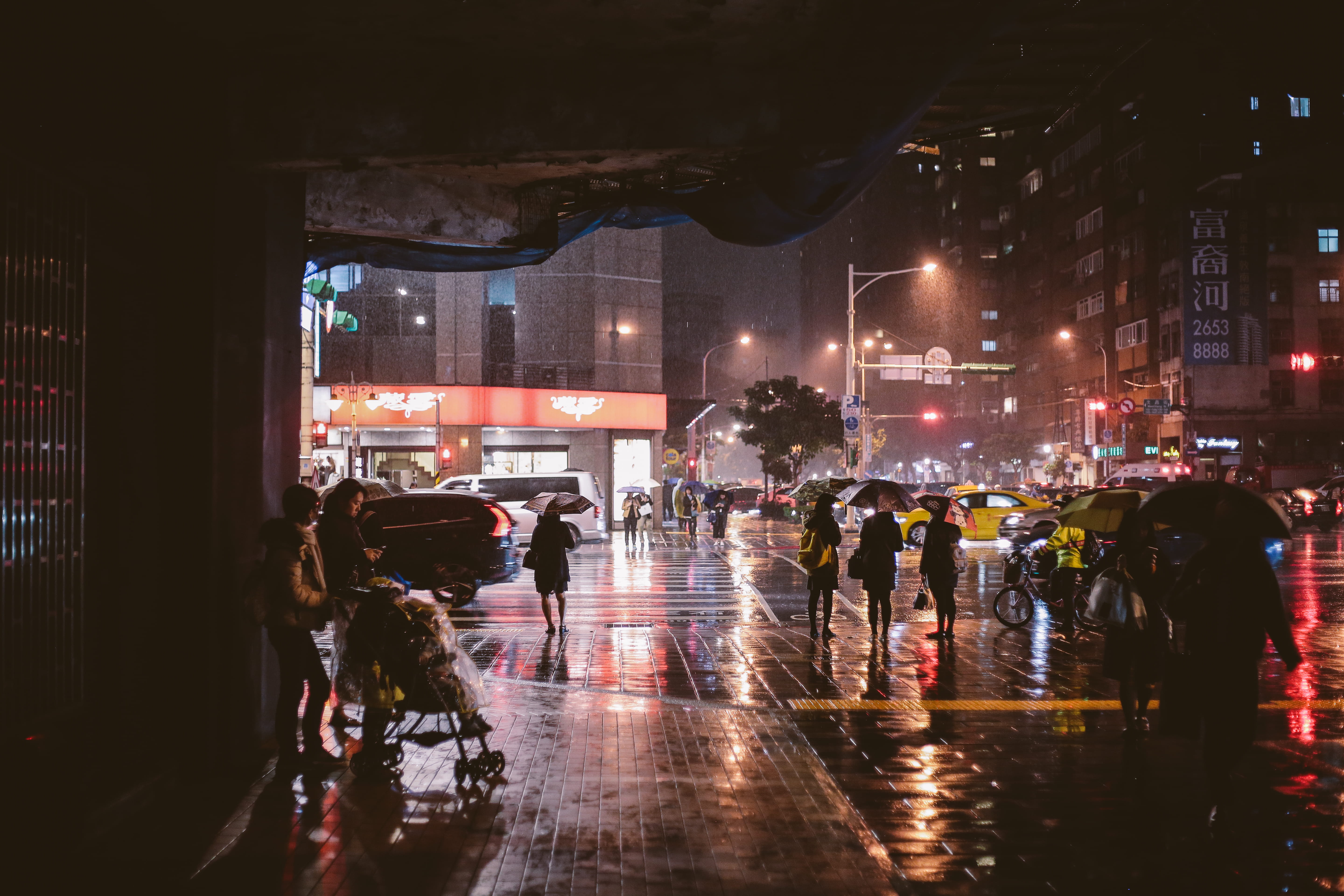 person, taiwan, transportation, pedestrian, wet, motor vehicle, city life, crowd, nighttime, rainy season, market, night, human, architecture, bike, bicycle, HD Wallpaper