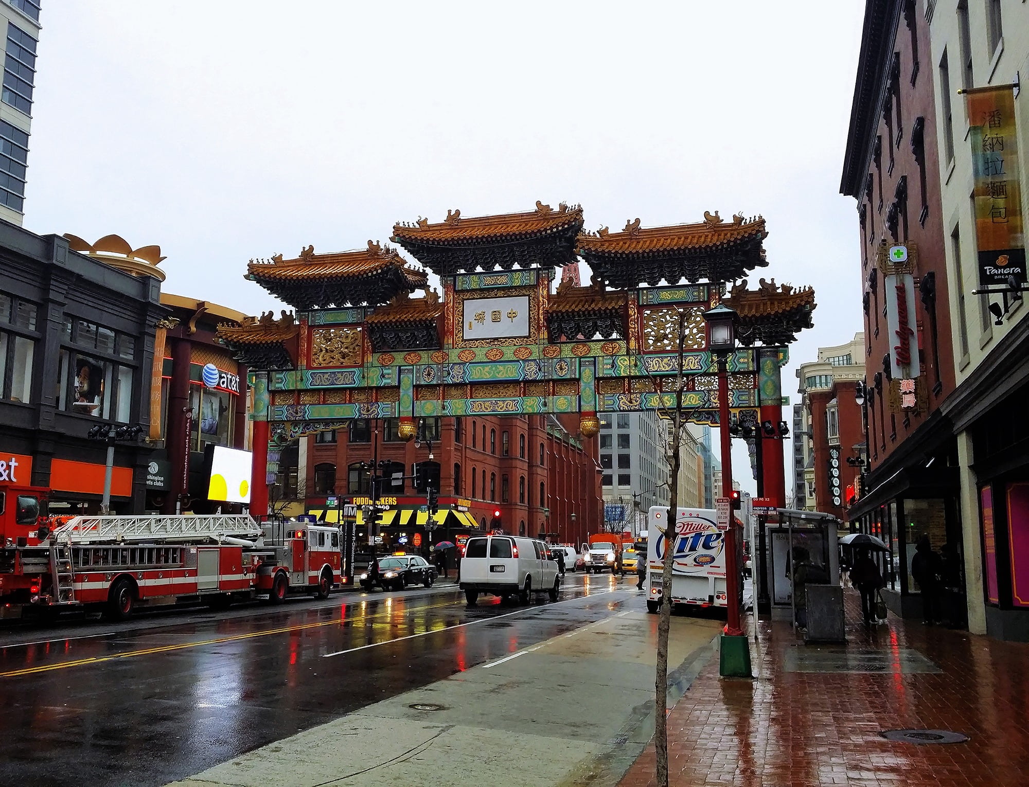 travel, built structure, outdoors, incidental people, motor vehicle, street, washington dc, chinatown, wet, land vehicle, city, 1080P, car, water, clear sky, HD Wallpaper