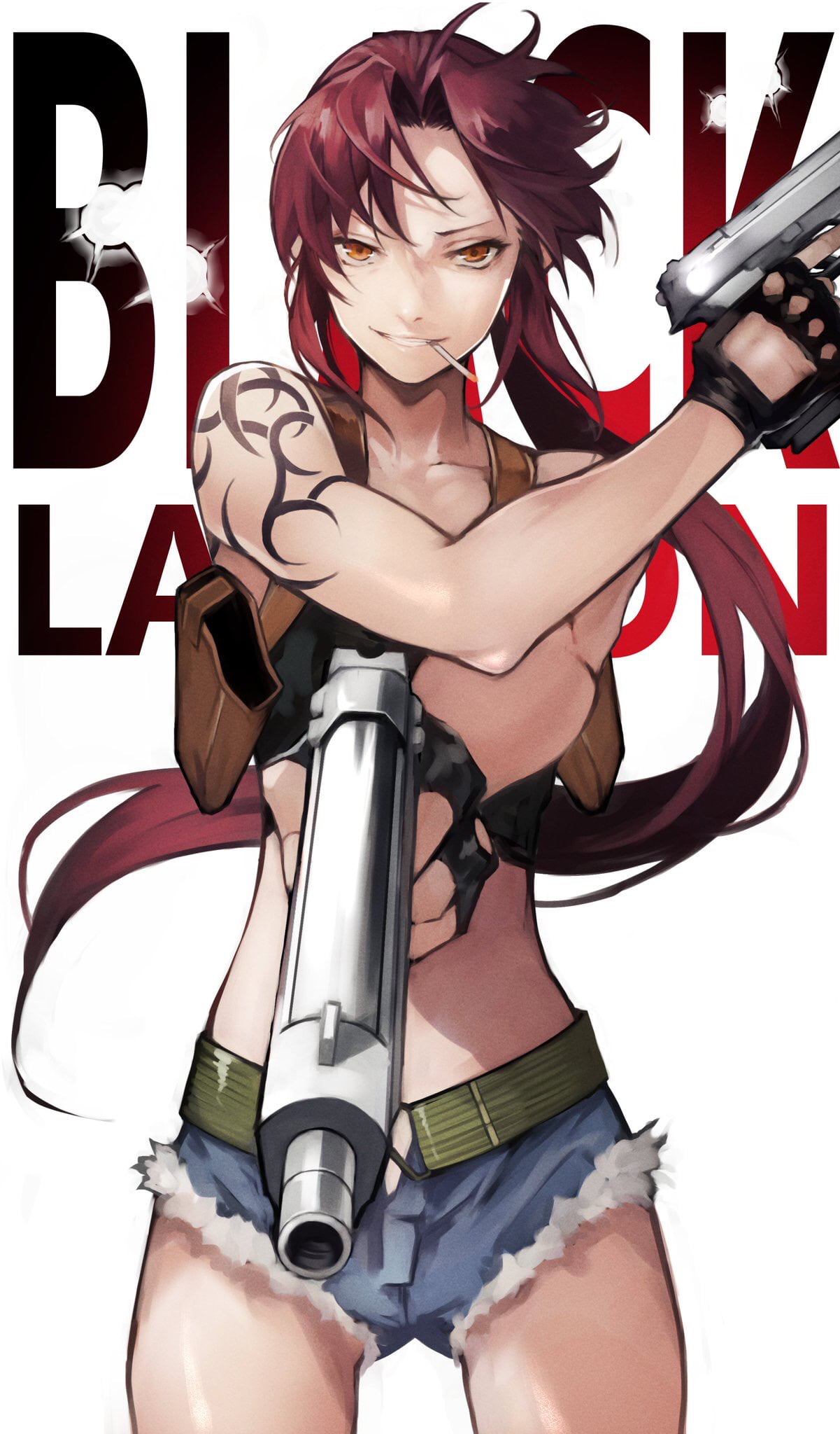 yoshi55level, tattoo, 1080P, Black Lagoon, gun, vertical, Revy, simple background, anime, Yoshio (artist), anime girls, Phone HD Wallpaper