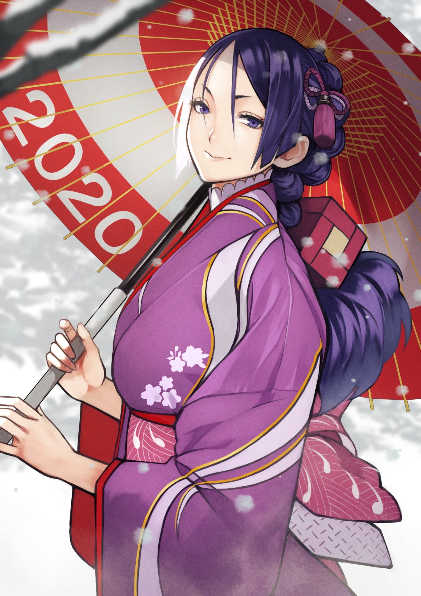 Yoshio (artist), anime, anime girls, Fate Series, Japanese kimono, Minamoto no Yorimitsu, Fate/Grand Order, umbrella, yoshi55level, 1080P, kimono, simple background, Phone HD Wallpaper