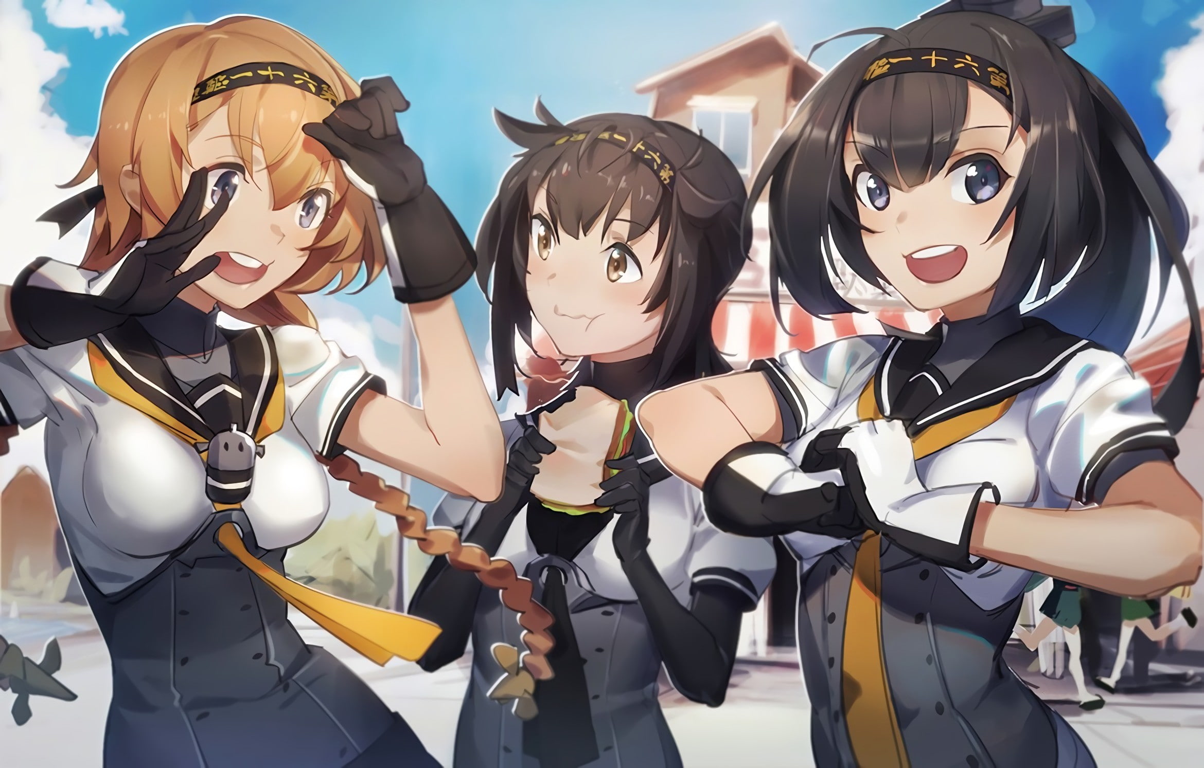 sunlight, three quarter length, costume, mask, focus on foreground, anime girls, representation, celebration, outdoors, Kantai Collection, 1080P, standing, HD Wallpaper