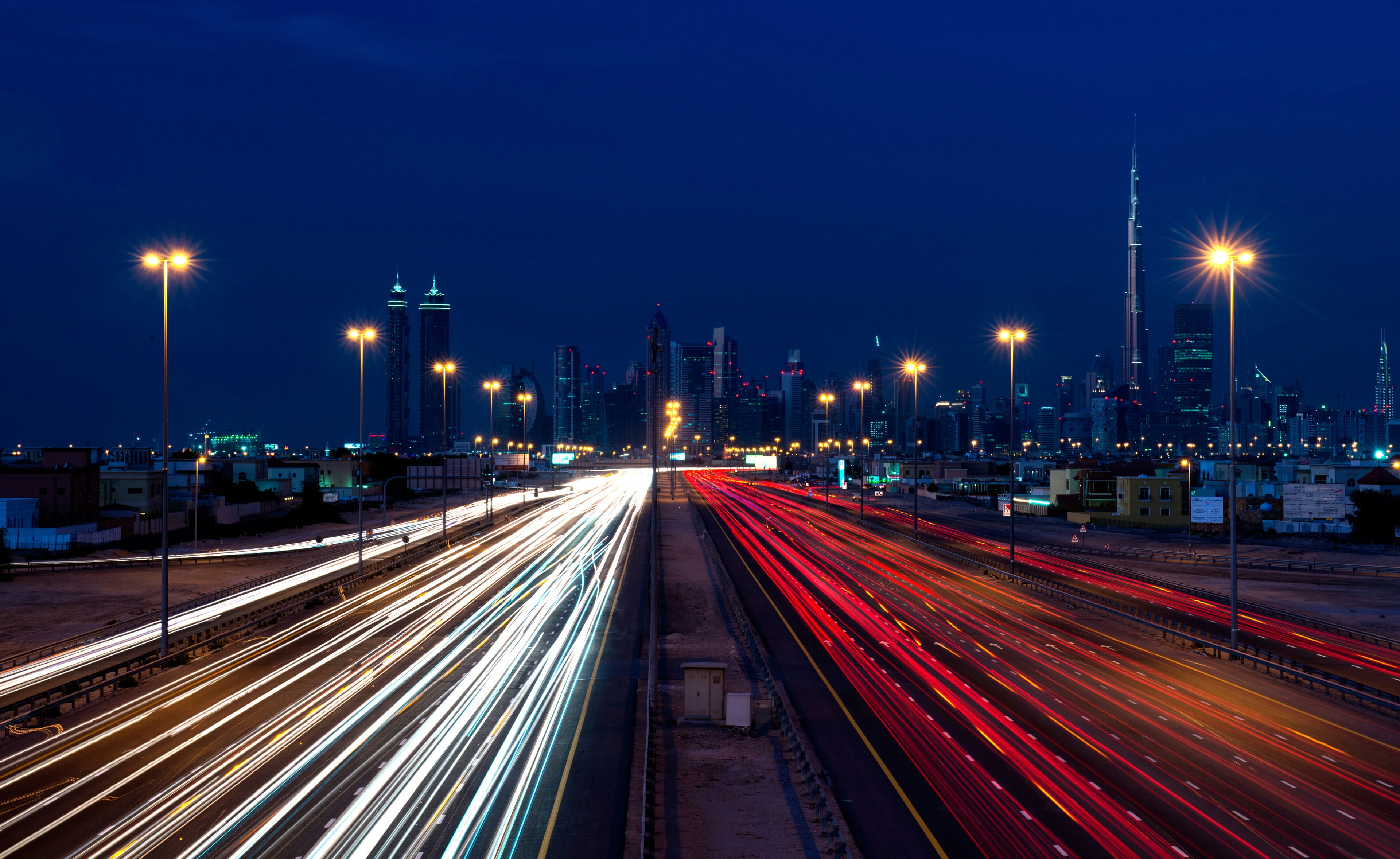 4K, building exterior, night, sky, transportation, architecture, 4K, illuminated, city street, speed, motion, street, city life, long exposure, Dubai, HD Wallpaper